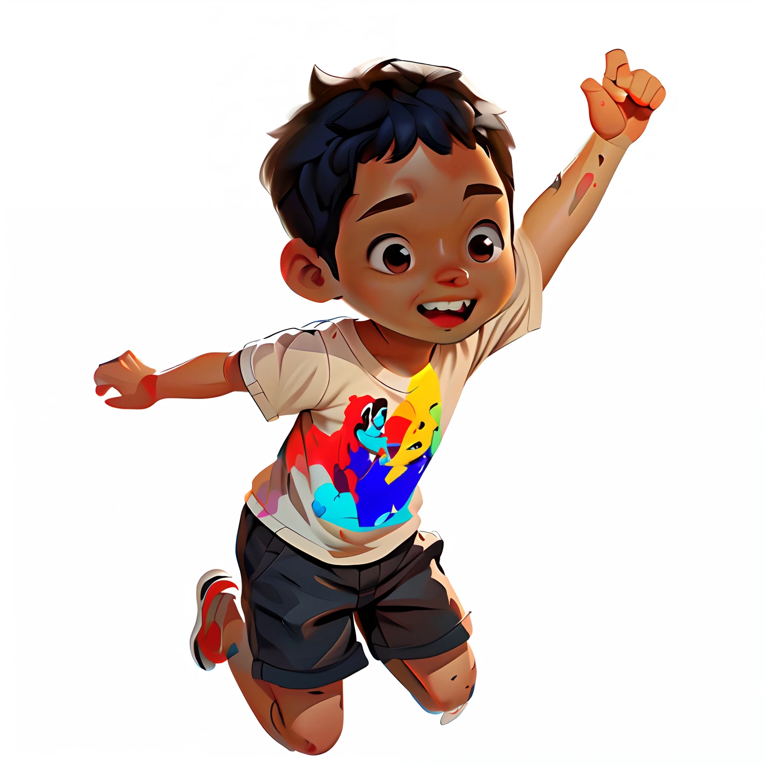 There's a boy who's jumping in the air, Arte infantil em Artstation, painting digital adorable, arte conceitual do menino solteiro, pintura digital dos desenhos animados, Nair Archan, arte de pintura digital dos desenhos animados, arte splash pixar, garoto feliz, inspirado em Goro Fujita, design de personagem bonito pixar, expressando alegria. Directed by: Krenz Cushart, Estilo dos desenhos animados da Pixar menino 5 anos de idade pele marrom cabelo preto