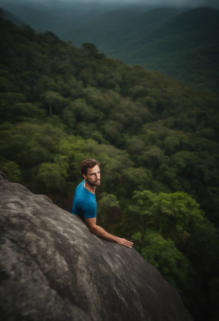 portrait of a man, 28 years old, blue eyes, climbing a cliff, jungle, perspective from above