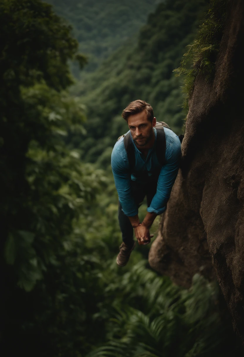 portrait of a man, 28 years old, blue eyes, climbing a cliff, jungle, full body, perspective from above