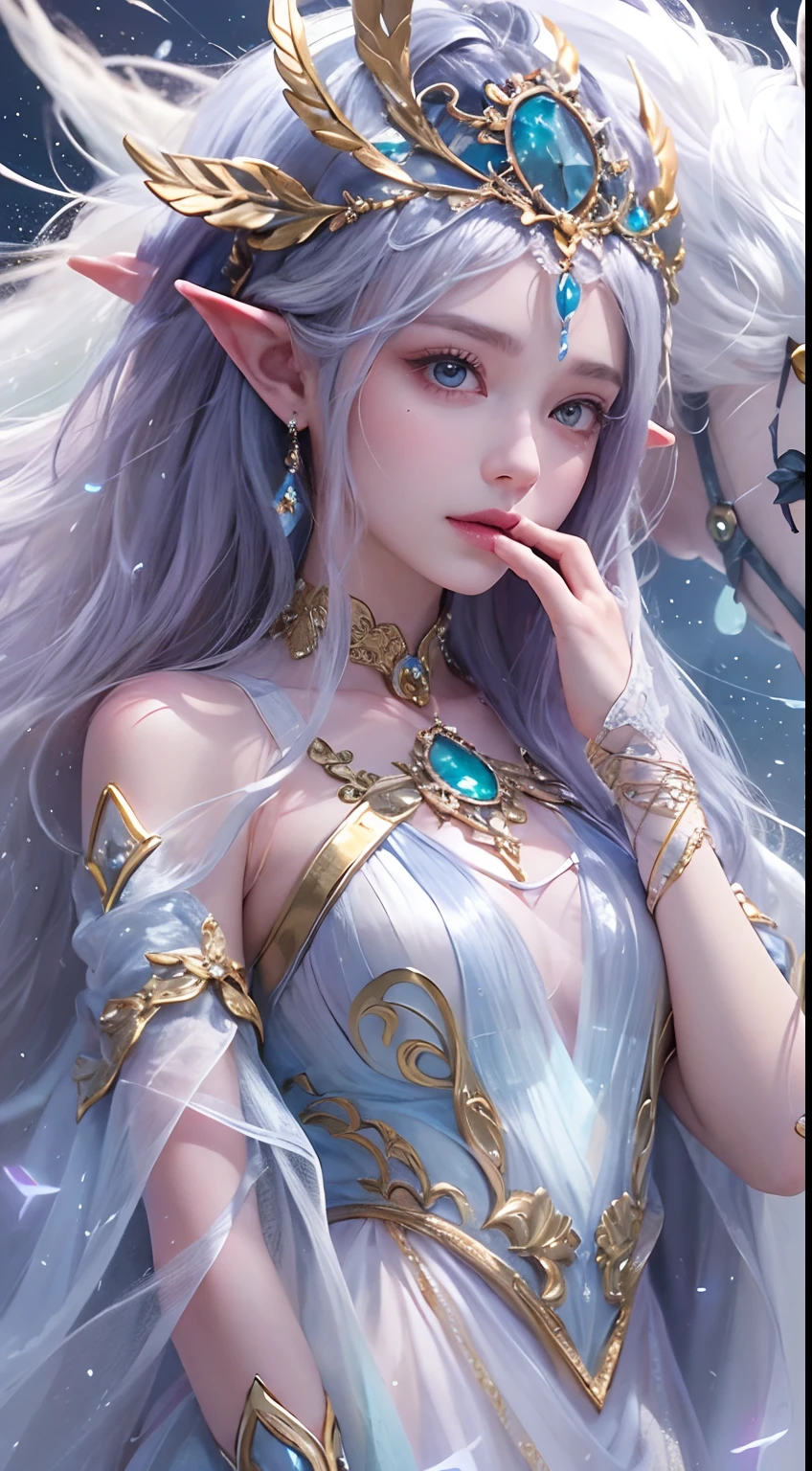"Por favor, create an image of an Ice Elf of ethereal beauty. She has long hair that merges into a gradient of colors, beginning in a resplendent white and ending in a heavenly gold, como se fossem feitos de fios de gelo banhados pelo sol. His face is delicate and charming, with eyes of a unique shade, misturando roxo e azul, criando um efeito hipnotizante que reflete a magia do gelo.
She wears a quality-assured strap that enhances her graceful figure and a true-textured leather of superior quality that glows with a touch of ice. There are gems embedded in her forehead, adding a touch of extravagance and elegance. She wears rimless glasses that highlight her frothy pupils and long eyelashes.
A smile adorns his lips, radiating a magical charm. The lighting of the scene is worthy of a cinematic production, with designed inserts that bring elements of surrealism. The image is hyper-realistic, with incredible resolution quality, Reaching 16k in detail.
The Ice Elf is riding a majestic black horse, which squeals with force as she gracefully holds an ancient sword in one hand. The horse is also decorated with precious stones that glow with the icy light. The scene takes place in a luxurious fantasy space, where magic and elegance merge. Por favor, Capture all these details in one master piece of art."