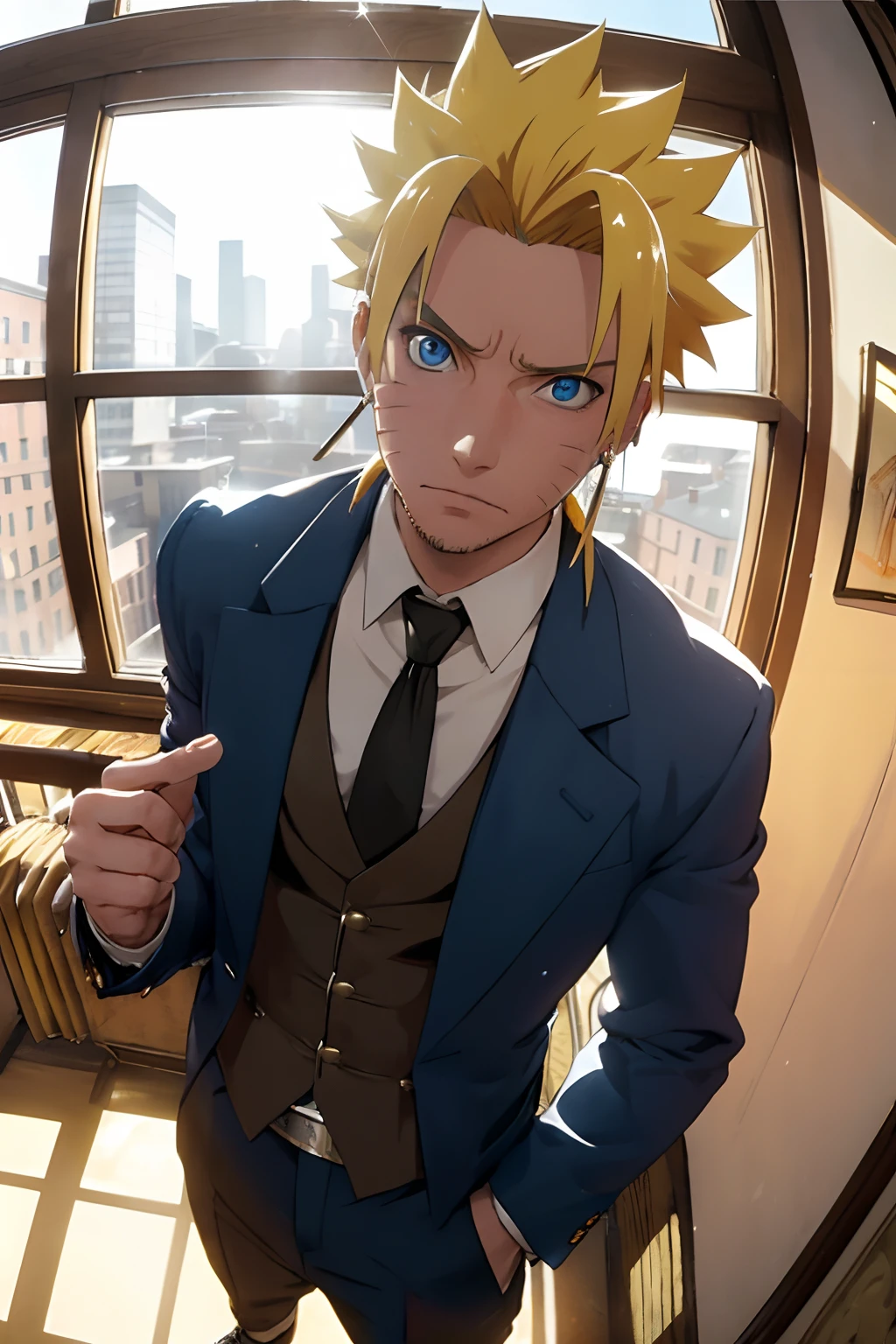 masterpiece,best quality,(1man:1.3), 25 years old,short hair,colored tips, yellow hair,colored glasses,earings,gun,tie,topless,corset,mafia style,handcuffs,wrap coat,street,from above,(dutch angle, fisheye),lens flare,depth of field, blue eyes, Uzumaki Naruto