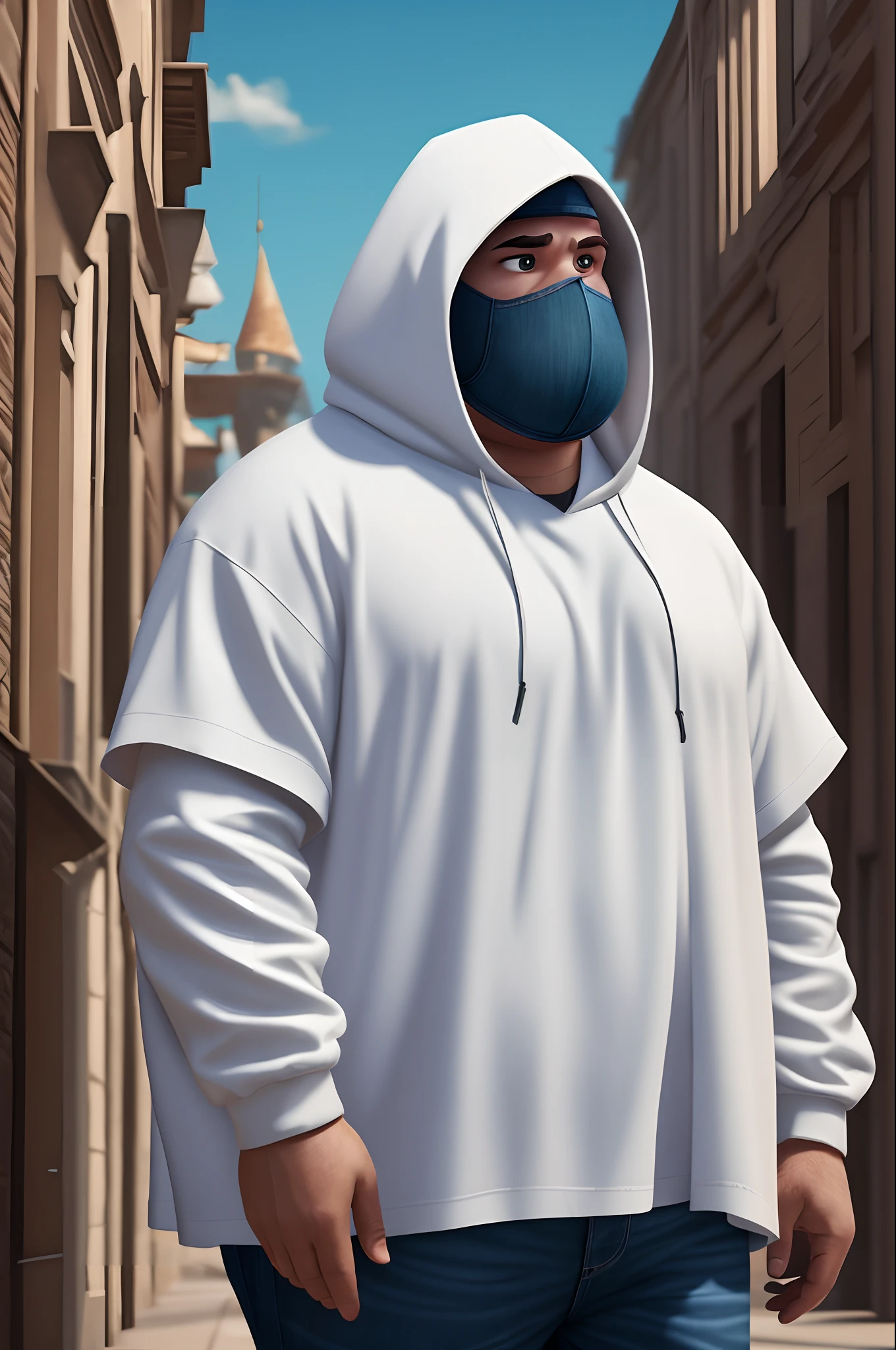 At that moment a man with a medium fat body appeared walking, dressed in jeans, a white shirt and a hooded cape that does not allow his face to be seen.. Hyper-realistic, 8k, Ultra HD, Pixar Style, Disney Style, 4D Cinema – AR32 --auto --s2
