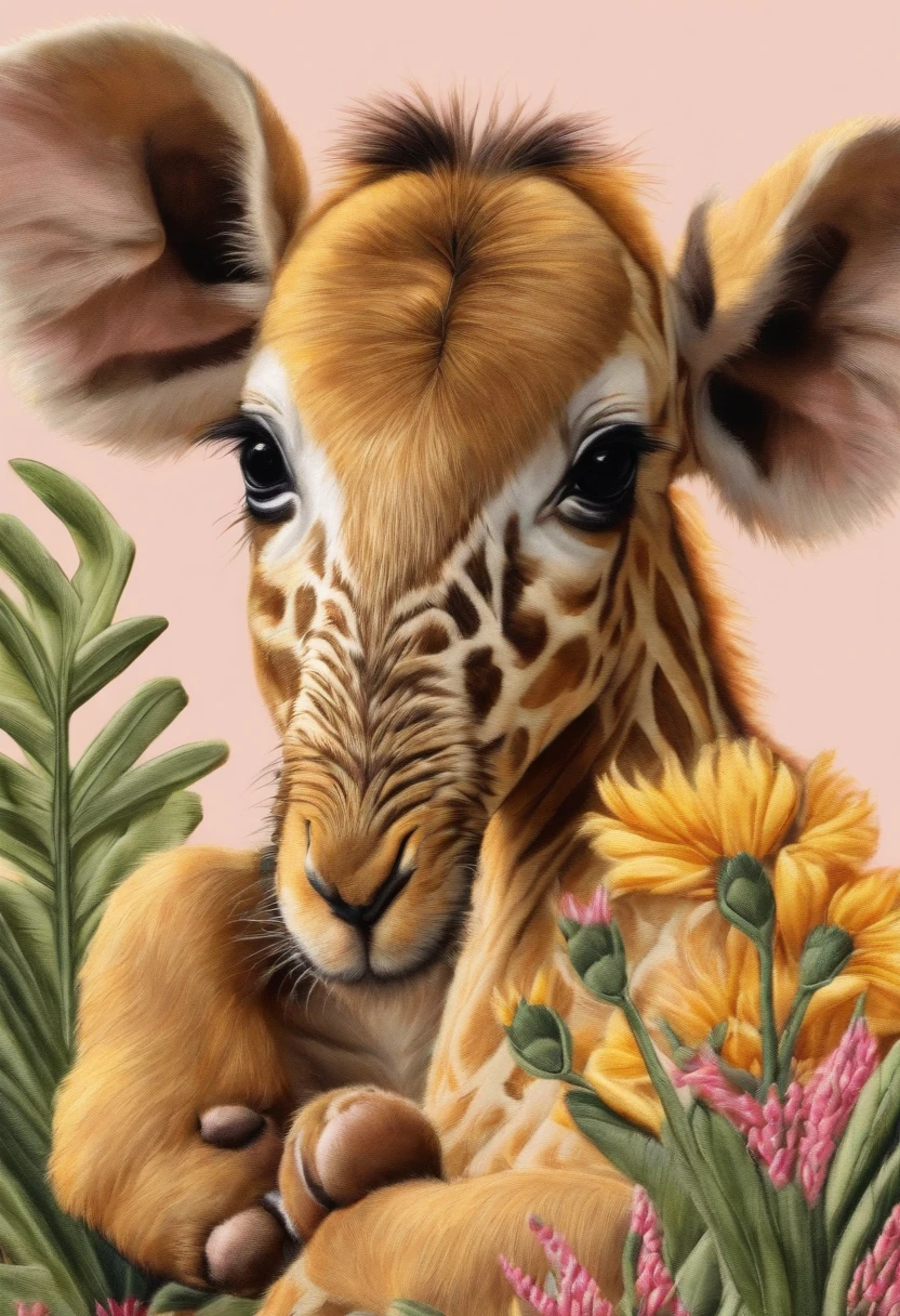 embroidery safari animals in a baby romper, girl, pink, yellow, high quality, detailed, realistic
