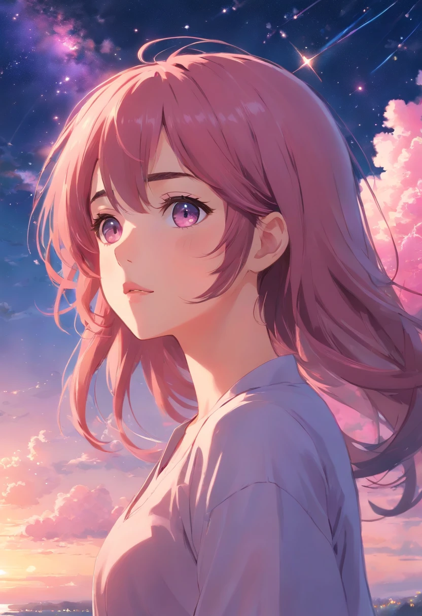 A girl with long pink hair standing in front of a sunset - SeaArt AI