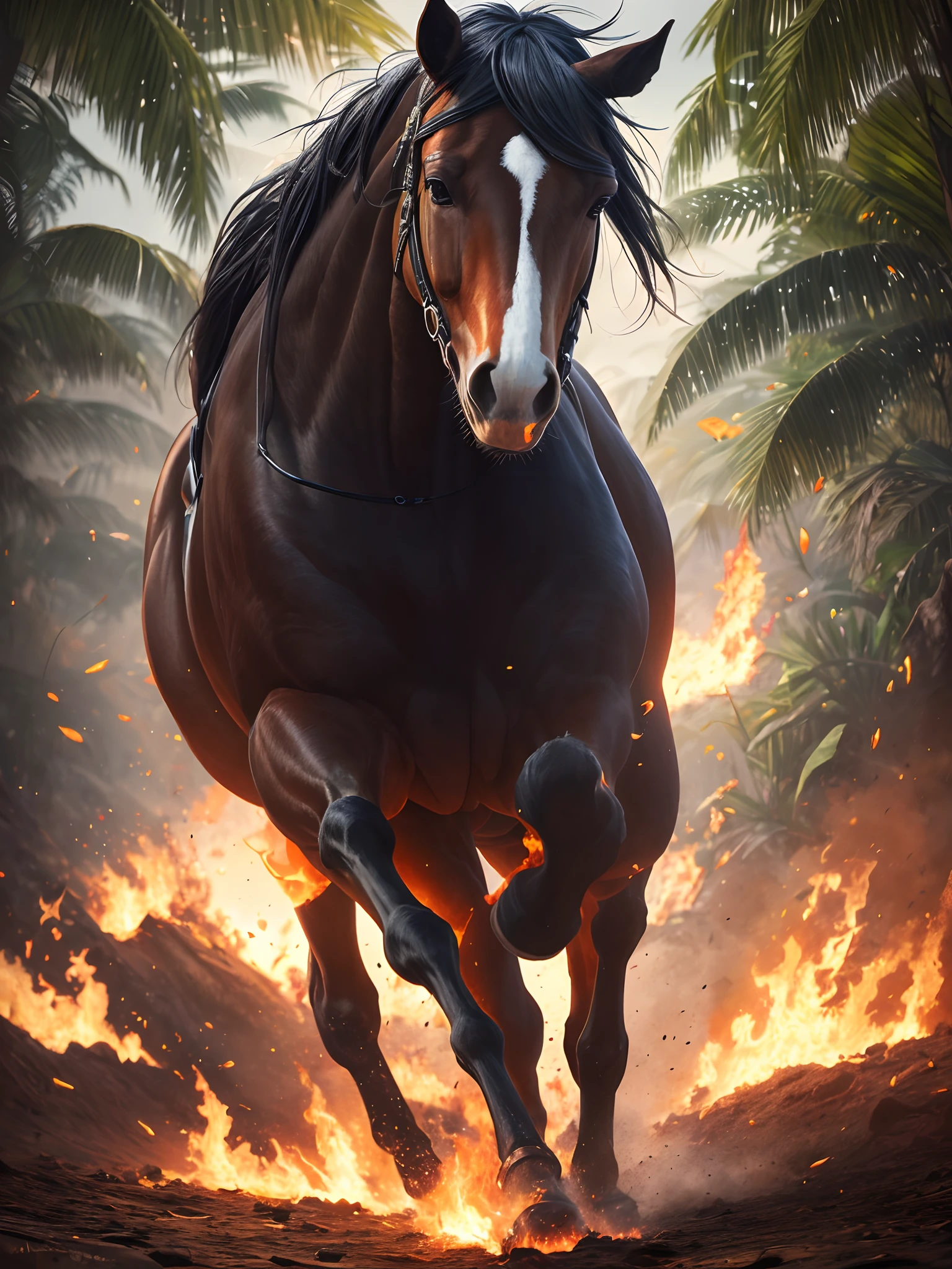 a painting of a horse on fire, running in a banana plantation setting it ablaze, beautiful horse, 32k, ultra HD, unreal engine rendered, cinematic lighting, bright vibrant colours with iridescent light, photorealistic image --auto --s2