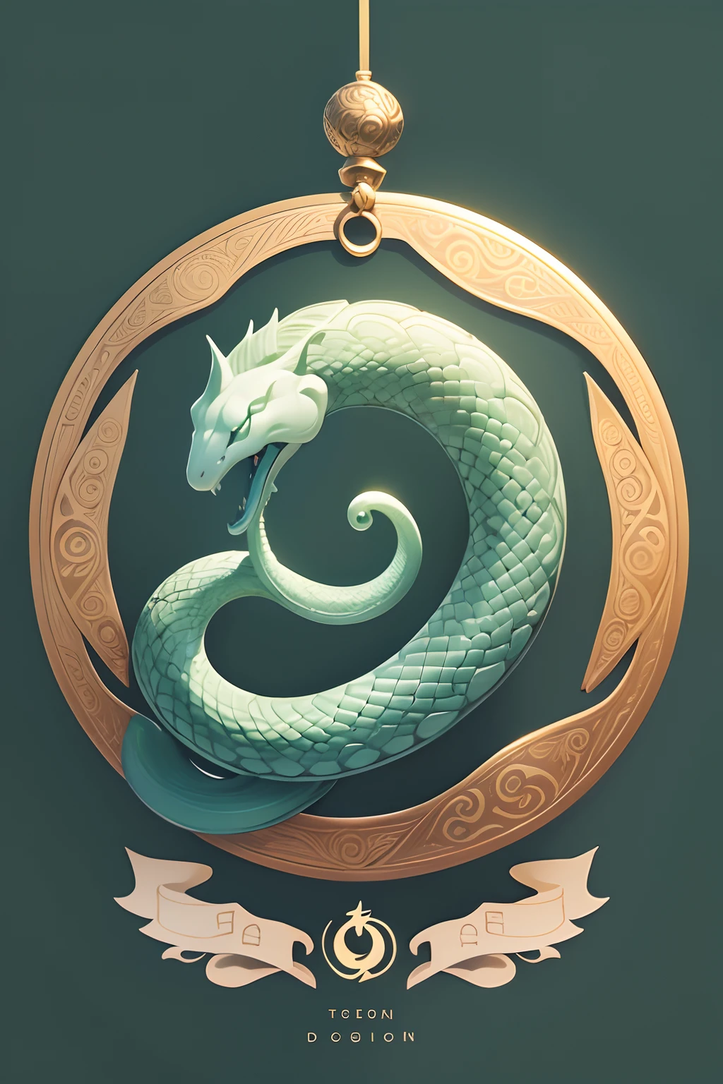 Mythical zodiac,serpent,illustration,Minimalist,sculpted,Round jade pendant,stickfigure,، simple