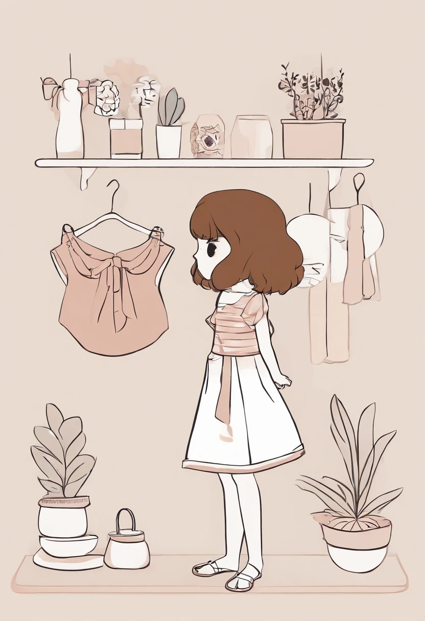 "Create a cartoon-style drawing of a lovely, slightly smiling girl, resembling a Blythe doll. She is dressed in a bikini, has brunette hair styled in a bob, dark eyes, a small cute nose, and a slender figure. The girl is standing facing forward with her hands hanging down by her sides, legs straight, and feet pointing forward."