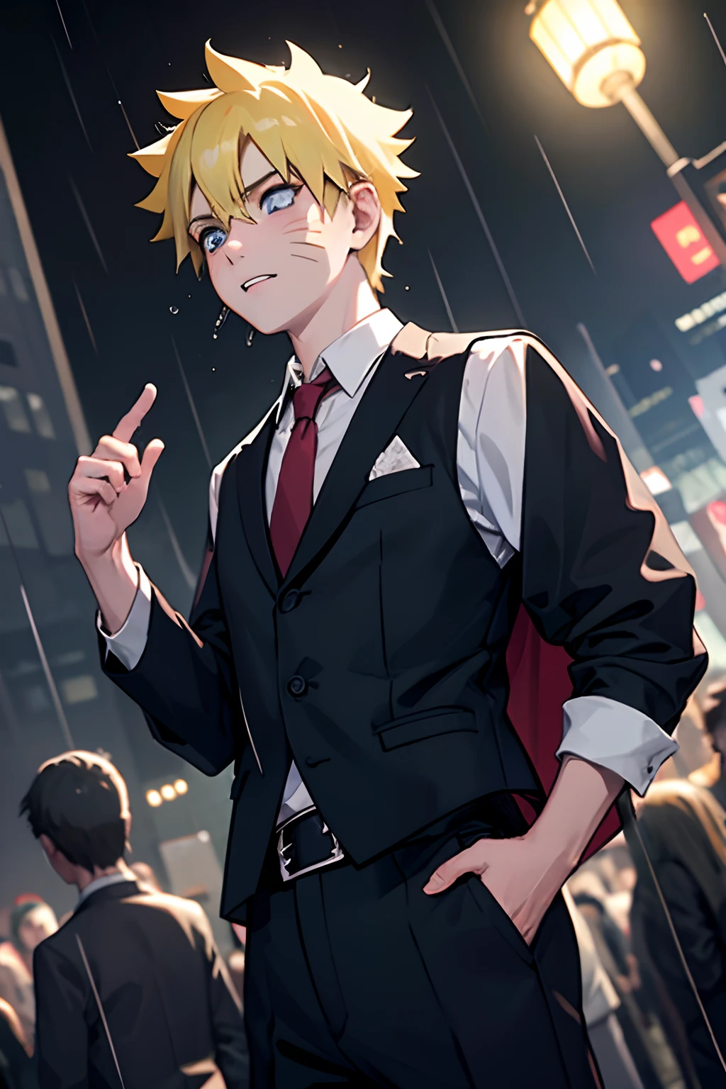 (masterpiece, best quality, detailed:1.1), yisang_limbus, default_outfit, 1boy, solo, red necktie, white shirt, collared shirt, black pants, black vest, black jacket, jacket on shoulders, outdoors, city, night, raining, crowd, dark, from below, ((dutch angle)), short yellow hair, blue eyes, Uzumaki Naruto