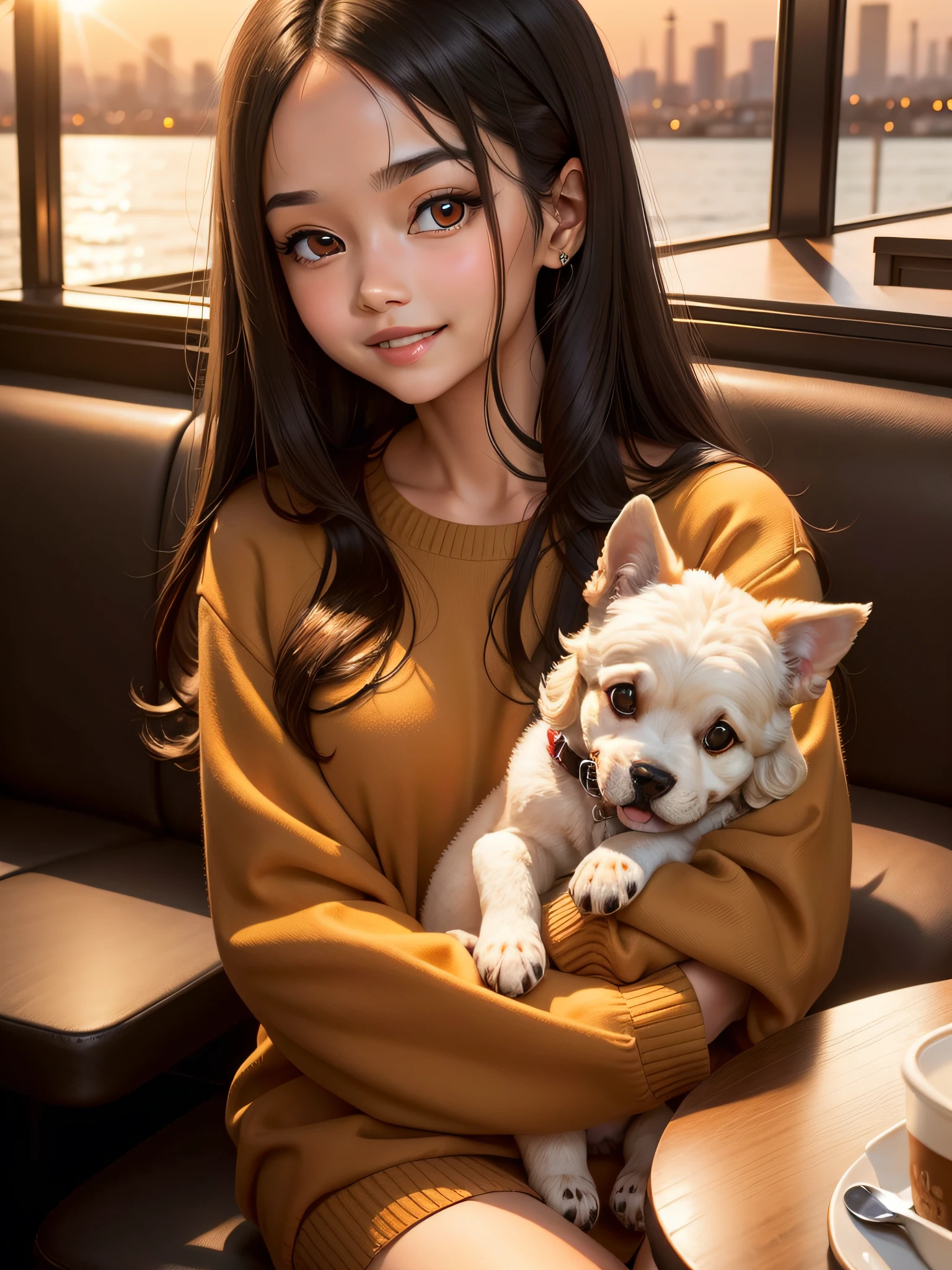 Cute black long straight hair, brown eye, Round faces, Girl in brown sweater, sitting in a café, coffee drinker, Sunset, Toothy smile without bangs, Holding a poodle puppy in your arms