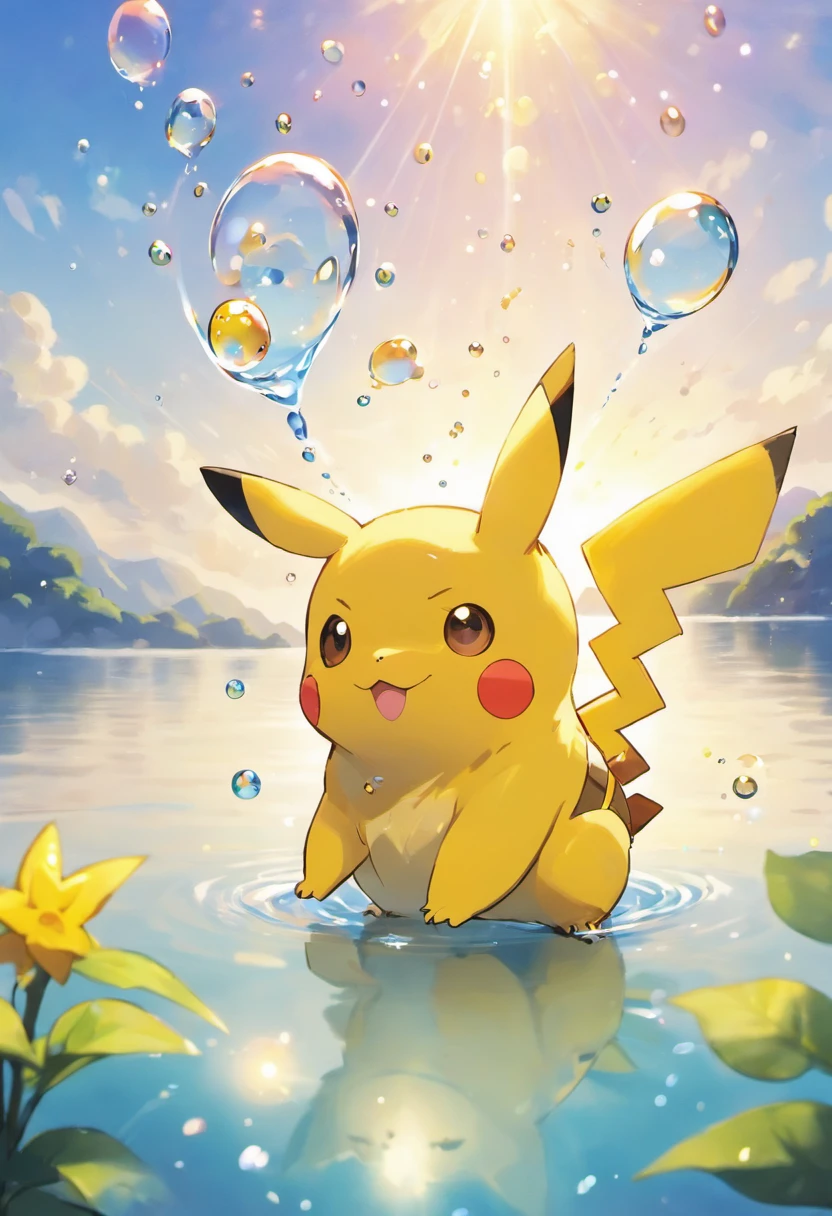 A touching scene in ultra-high definition 3D showcasing Pikachu making a wish beside a tranquil lake. Pikachu, beautifully rendered in detail, is seen gently blowing bubbles into the air, each one carrying a hopeful wish. The bubbles catch the reflection of the setting sun, creating a dreamy, magical effect. The overall atmosphere is tender, filled with hope and serenity