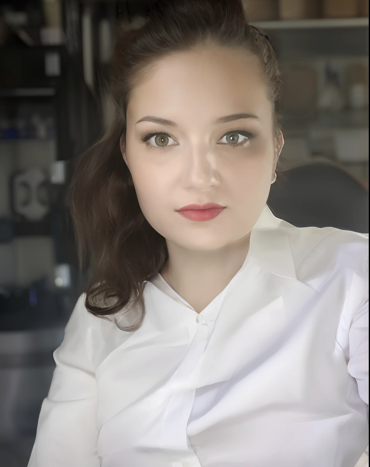 There is a woman sitting at a table with a plate of food, Alina Ivanchenko, Anastasia Ovchinnikova, Alexandra Waliszewska, Photo de profil, porter une blouse de laboratoire et un chemisier, Magdalena Radziej, Moleksandra Shchaslyva, Image de profil, Viktoria Gavrilenko, Ekaterina, Photo professionnelle