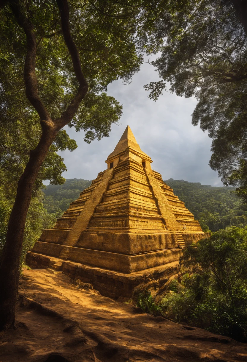 El Dourado, The lost city seen among the trees of a dense forest, uma grande piramide dourada brilhando com a luz do sol, fotografia realista.