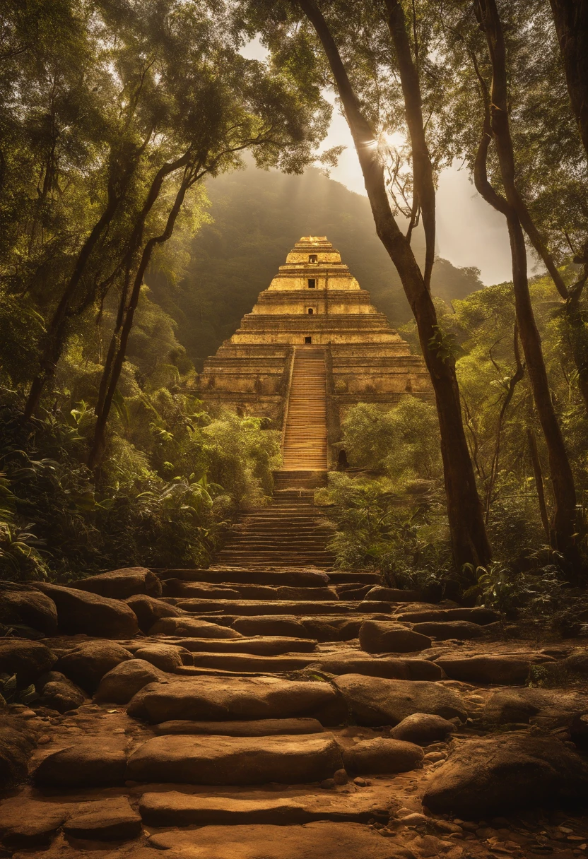 El Dourado, The lost city seen among the trees of a dense forest, uma grande piramide dourada brilhando com a luz do sol, fotografia realista.