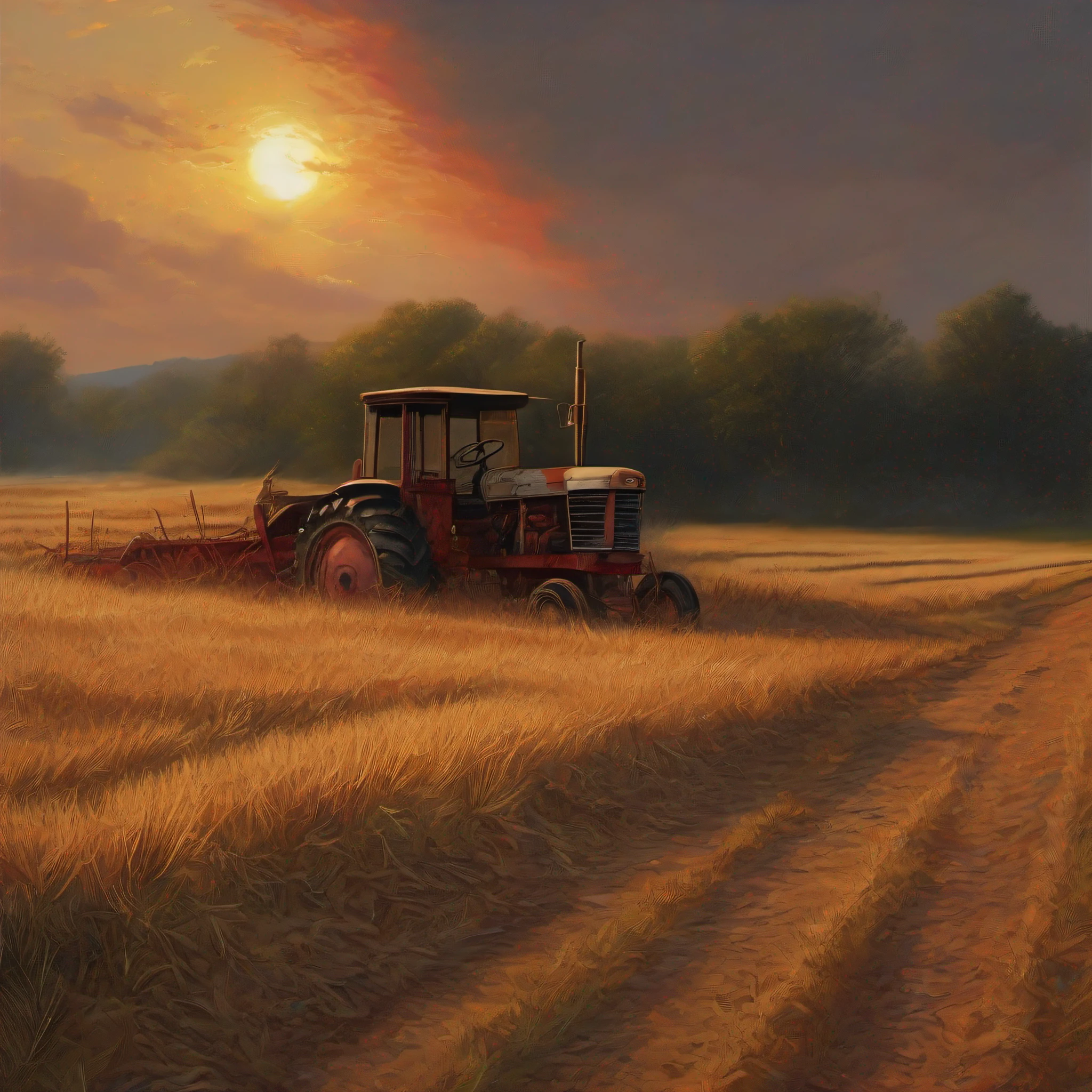 The setting sun burns red on the horizon, the swollen disc casting an otherworldy glow over the barren fields as I guide the tractor over the rough earth. The engine rumbles loudly, shattering the heavy silence that hangs over the wasted crops that sway listlessly in the hot winds.
I sit hunched in the cracked leather seat, my face shaded by a wide brimmed hat. My skin is leathered and worn from years of toil beneath this ruthless sun. The ground before me is rutted and dry, every clod of dirt a reminder of the faded dreams once planted across these acres.
Behind me, the crooked silhouette of the tractor cab stands dark against the blazing sunset, like the shadow of a great beast lumbering across the land. I steer on ceaselessly, the squeaking wheel familiar beneath my blistered hands.
As the sun sinks lower on the horizon, shadows stretch over the abandoned farm buildings. The light gleams red on their broken windows like the remnants of some forgotten fire. In the distance, the withered cornfield sways, the dead stalks whispering ominously in the wind.
I drive on, engine rumbling, the cracked fields rolling endlessly before me. The swollen sun disappears behind the ragged earth, concluding its descent. Dusk deepens around me but still I sit steadfast, guiding the tractor through the remains of what I once called home, enduring as the darkness falls.