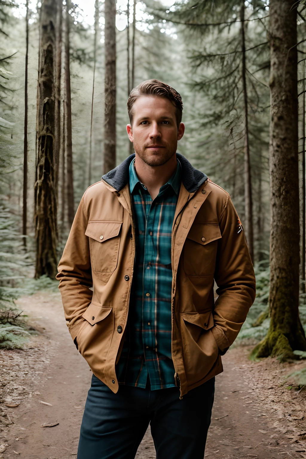 RAW photo, a portrait photo of jason sttham, traveler clothes, standing in the forest, natural skin, 8k uhd, high quality, film grain, Fujifilm XT3