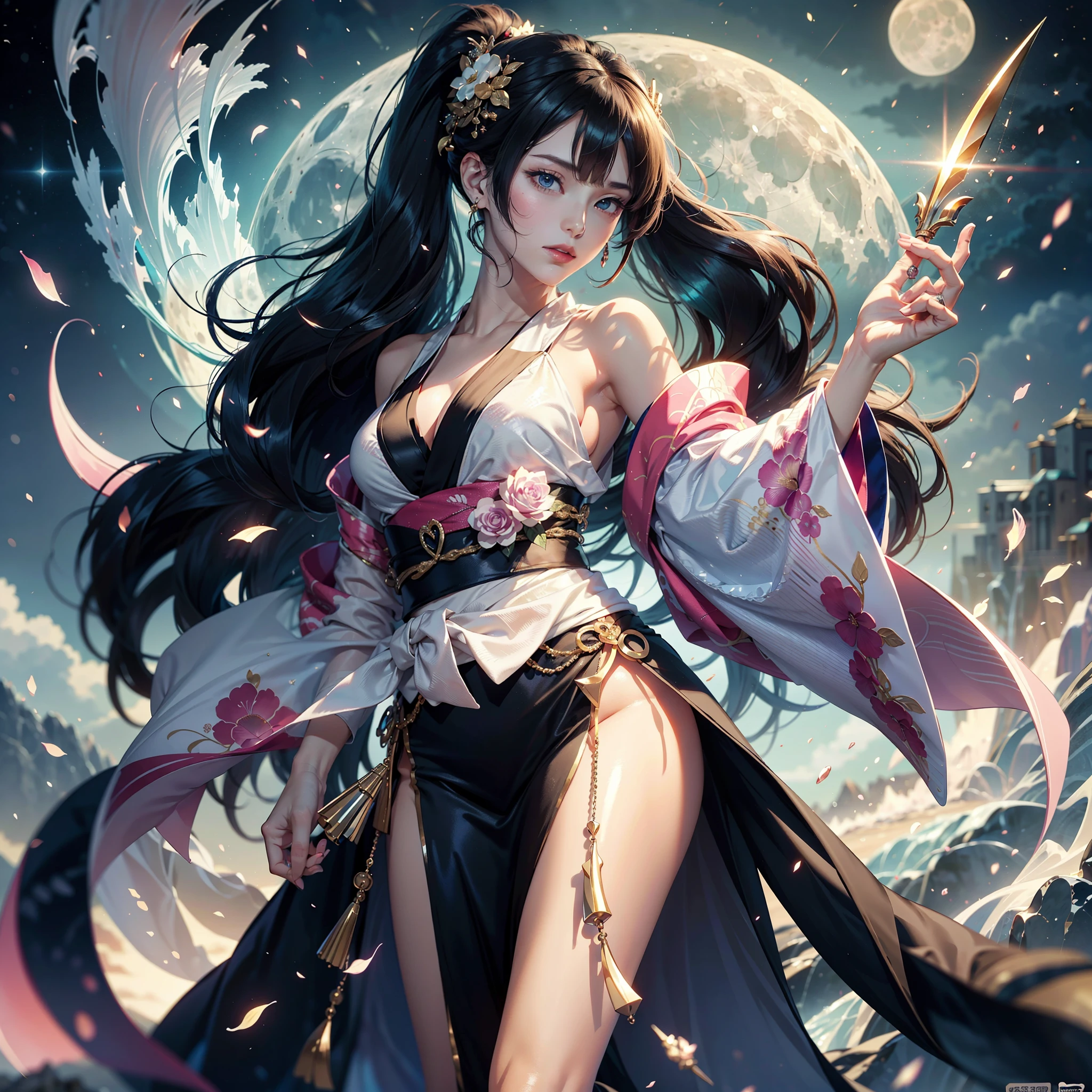 watching at viewers、moon in background、poneyTail、Woman with shiny black hair、Gorgeous kimono、Depict a beautiful and graceful woman of Japan。Heart in the eye。full body Esbian。 Beautiful anime art wallpaper 8k, beautiful fantasy anime, Beautiful anime, Detailed anime artwork.Blur the background with a sickle