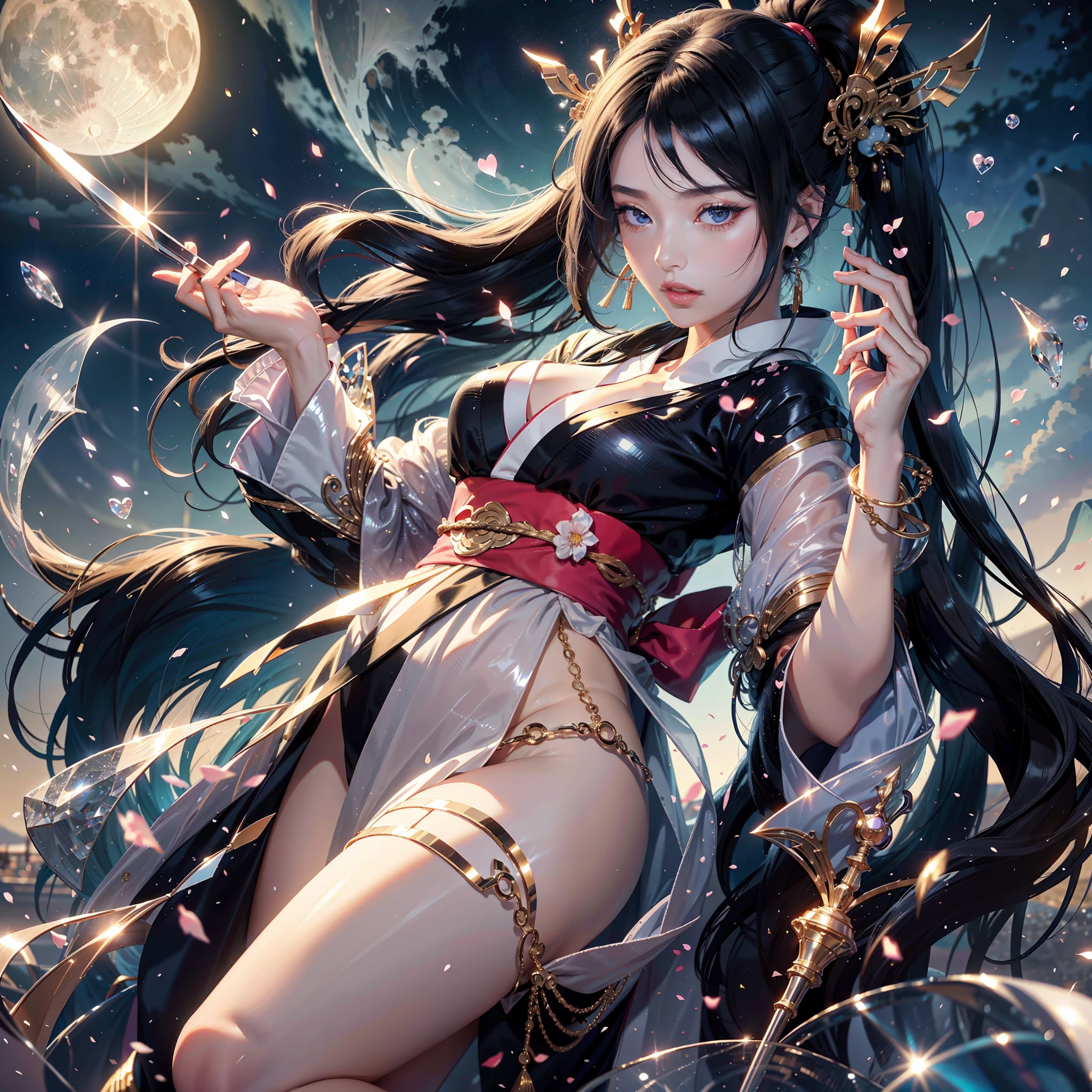 watching at viewers、moon in background、poneyTail、Woman with shiny black hair、Gorgeous kimono、Depict a beautiful and graceful woman of Japan。Heart in the eye。full body Esbian。 Beautiful anime art wallpaper 8k, beautiful fantasy anime, Beautiful anime, Detailed anime artwork.Blur the background with a sickle