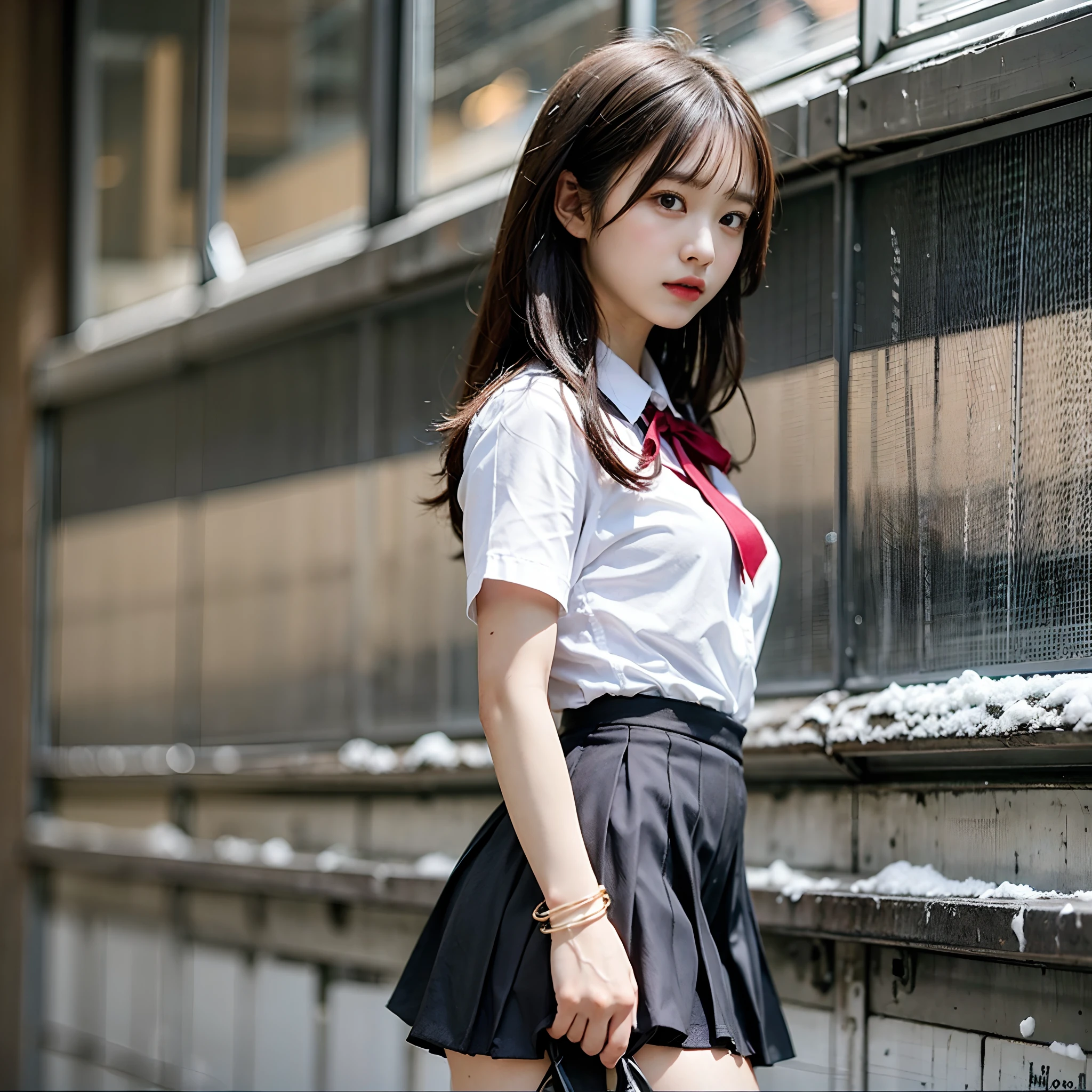 ulzzang -6500-v1.1, (Raw photo:1.2), (Photorealsitic), (See-through:1.3), (Real: 1.4), extremely detailed cute girl、NSFW, High School Girl Japan  Girl、((taken from the under:1.3))、Wear small panties、School uniform、(Skirt lift:1.4)、(Bottomless)、red blush、cparted lips、looking at the viewers、half body photo、(Large crowds)、(Crowded alleys)、Hair above one eye、 beautiful supermodel、pubick hair、