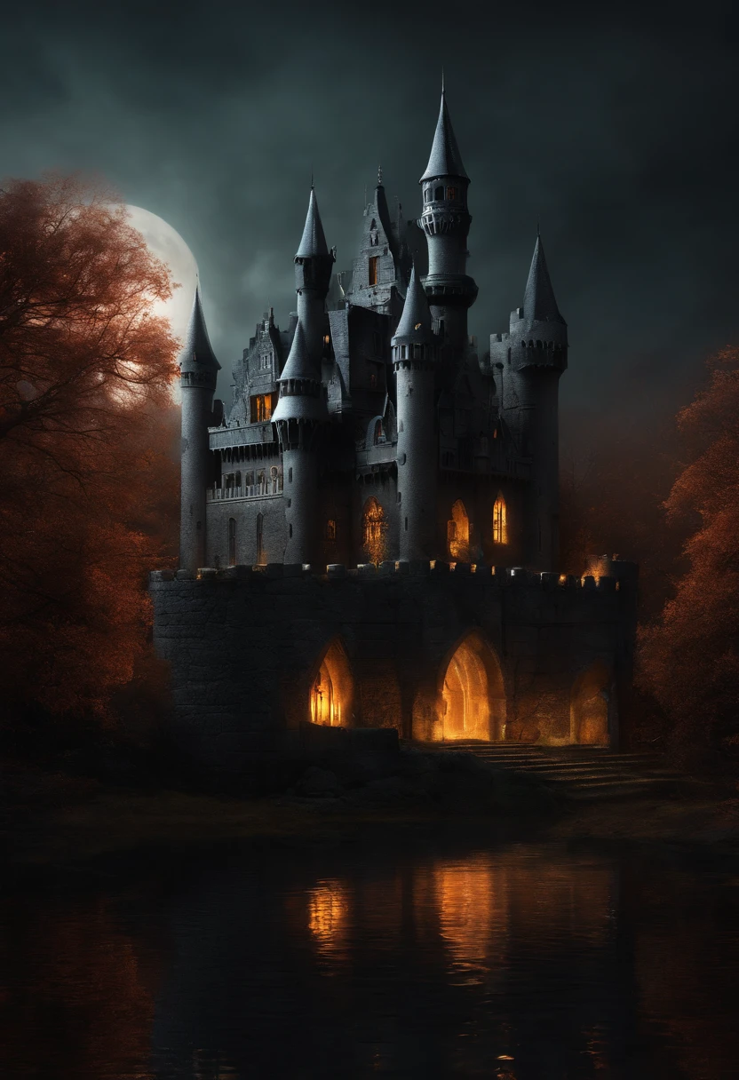 Skull Castle, eerie, creepy, nightmarish, [very bright colors], Light Particles, with light glowing, mshift, wallpaper art, UHD wallpaper, (Grey scale colors), Gothic Style