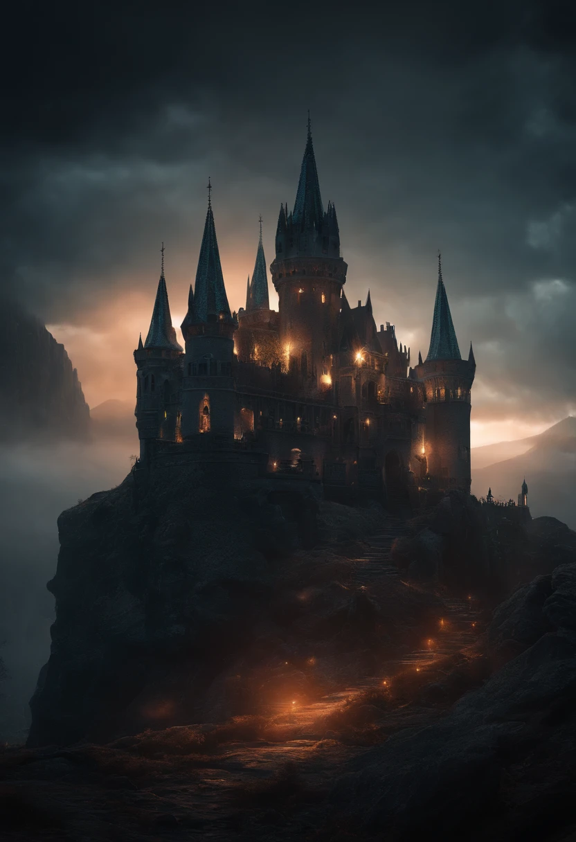 Skull Castle, eerie, creepy, nightmarish, [very bright colors], Light Particles, with light glowing, mshift, wallpaper art, UHD wallpaper, (Grey scale colors), Gothic Style