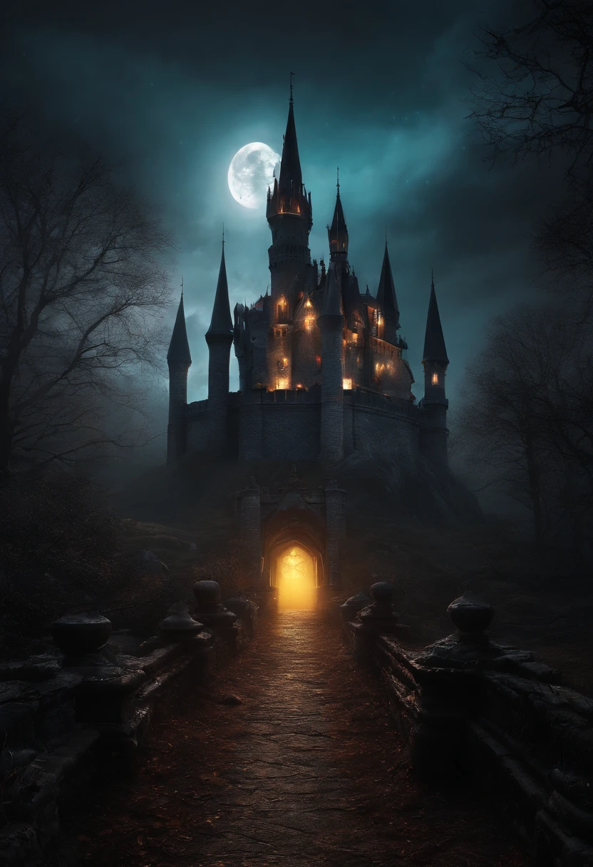 Skull Castle, eerie, creepy, nightmarish, [very bright colors], Light Particles, with light glowing, mshift, wallpaper art, UHD wallpaper, (Grey scale colors), Gothic Style