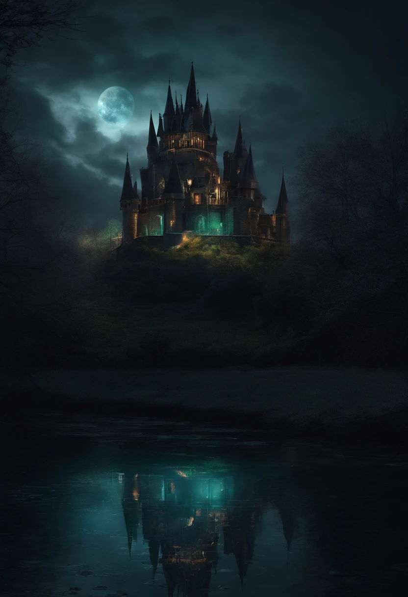 Skull Castle, eerie, creepy, nightmarish, [very bright colors], Light Particles, with light glowing, mshift, wallpaper art, UHD wallpaper, (Grey scale colors), Gothic Style