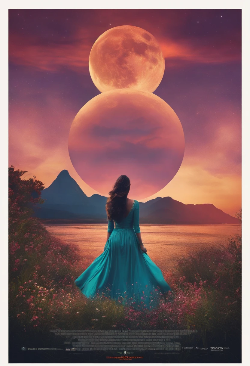 A woman in a blue dress standing in front of a full moon - SeaArt AI