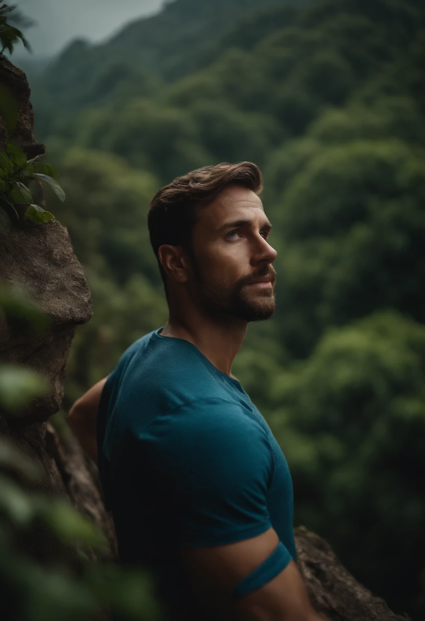 portrait of a man, 28 years old, blue eyes, climbing cliff, jungle, forest, parrot