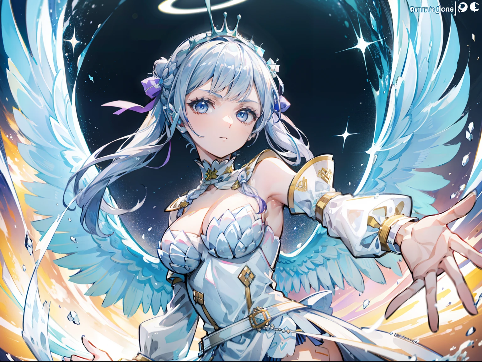 Beautiful girl with hair，angelicales，Wearing a plain  dress，There is a halo on the top of the head，french braid，，There is only one wing behind him，adolable，epic exquisite  character art, Amazing characters，Medieval theme，character design sheet，Character emoticon design table，Character costume design sheet，（reference sheet：1.5）