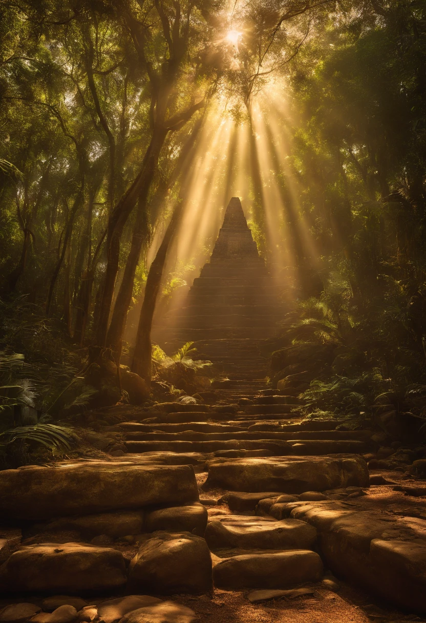 El Dourado, The lost city seen among the trees of a dense forest, uma grande piramide dourada brilhando com a luz do sol, fotografia realista.