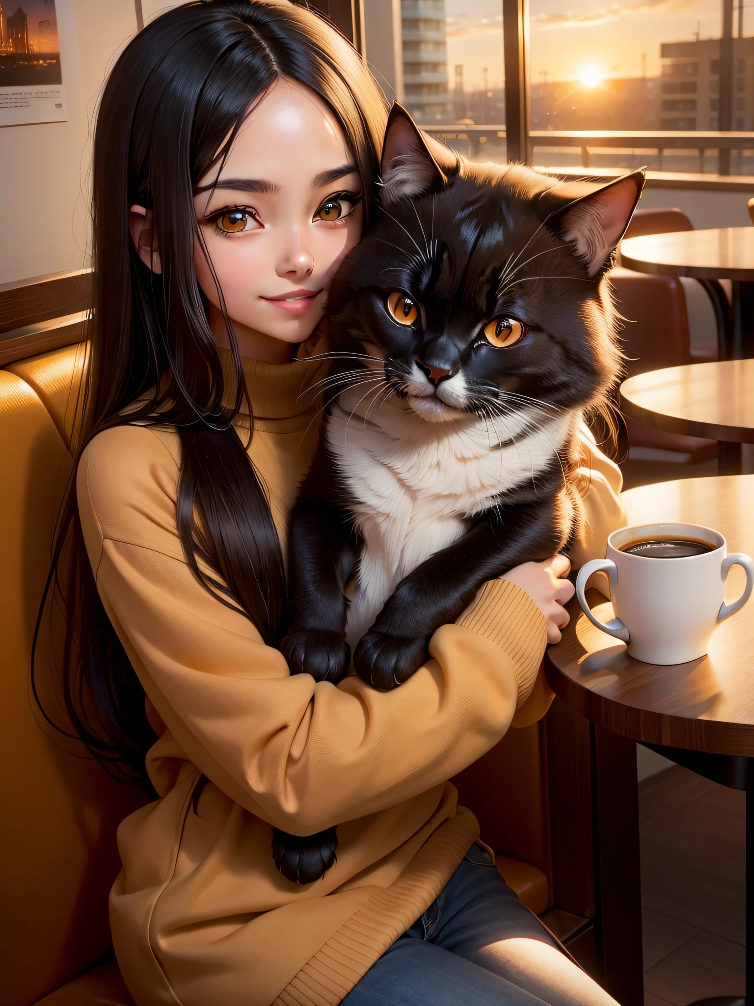 Cute black long straight hair, brown eye, Round faces, Girl in brown sweater, Sitting in a café, Coffee lover, Sunset, Toothy smile without bangs, Holding a cat in your arms