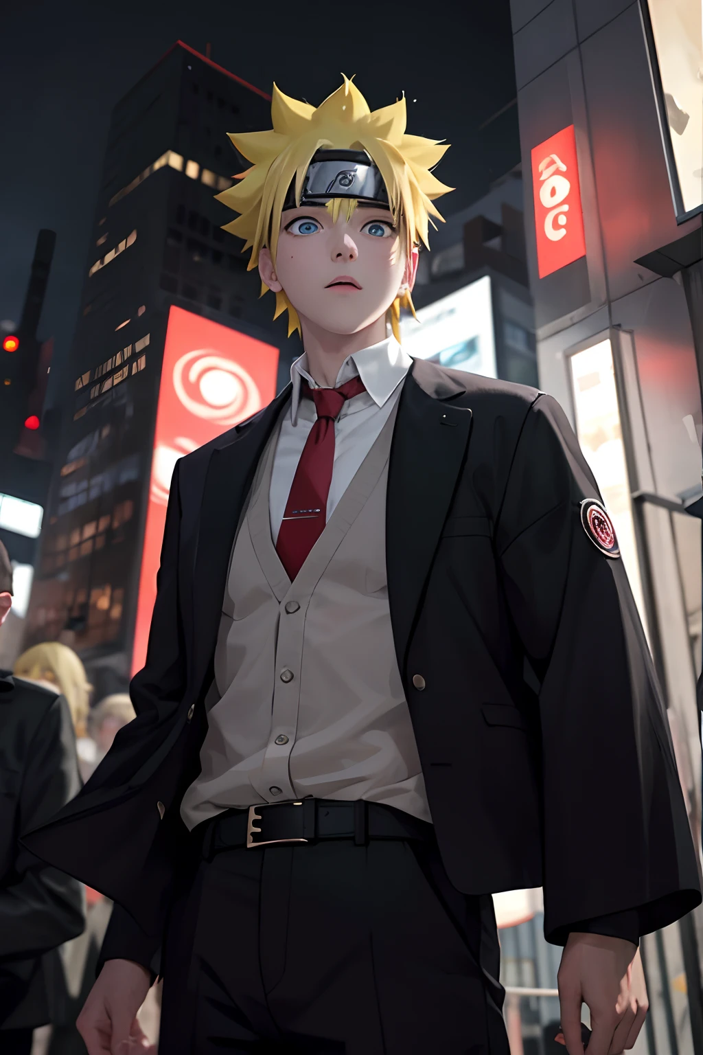 (masterpiece, best quality, detailed:1.1), yisang_limbus, default_outfit, 1boy, solo, red necktie, white shirt, collared shirt, black pants, black vest, black jacket, jacket on shoulders, outdoors, city, night, raining, crowd, dark, from below, ((dutch angle)), short yellow hair, blue eyes, Uzumaki Naruto