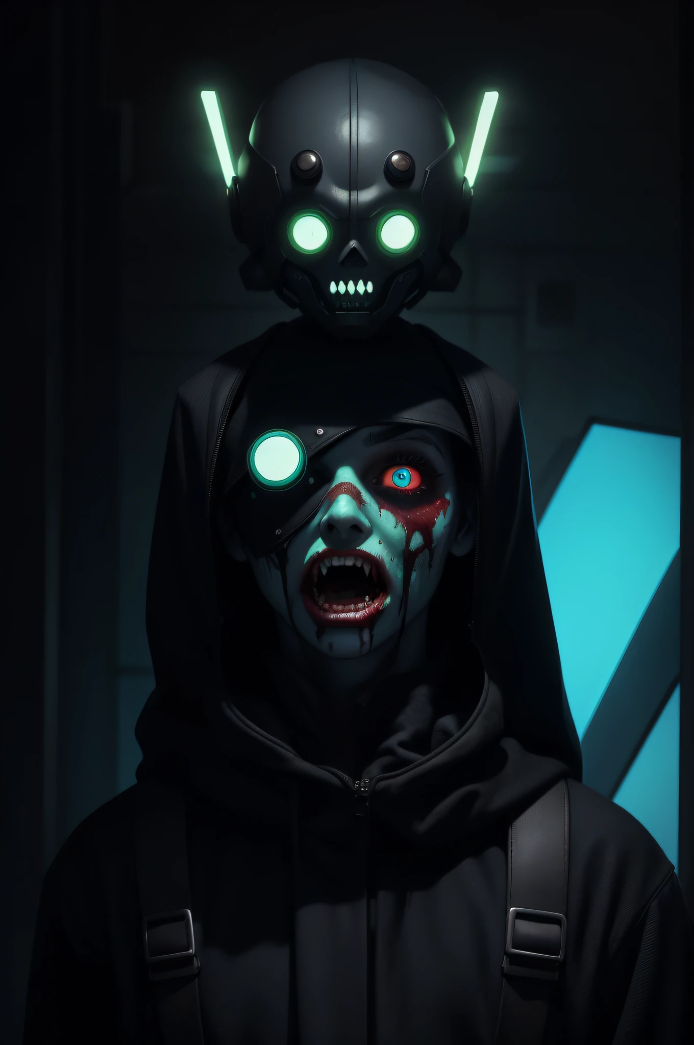Silly zombie dude graphic with solid background. cuteness, bold lines, neoncore. futuristic cartoon style