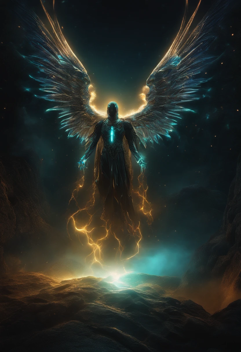 Cosmic Fallen Angel, glowing light eyes, Biomechanical, eerie, Creepy, nightmarish, Very bright colors, Light particles, with light glowing, Mshiff, wallpaper art, UHD wallpaper