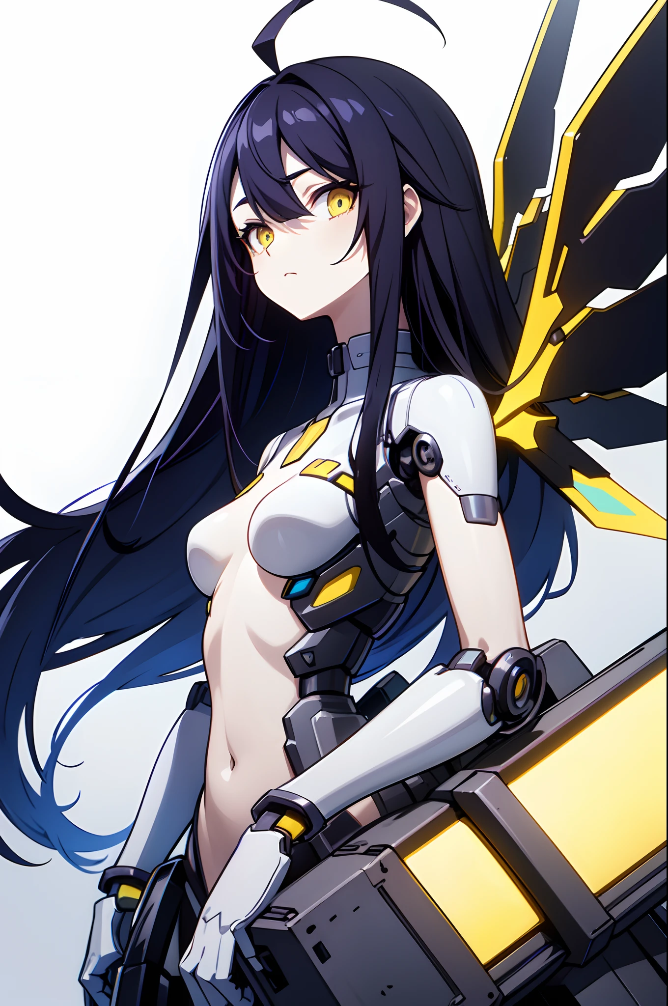 1girl, , solo, absurdly long hair, big hair, ahoge, hair bangs, spiked hair, messy hair, (black hair, yellow hair, blue hair, gradient hair:1.2), small breasts, yellow eyes, (exposed skin:1.33), mechanical body parts, (mechanical wings, asymmetrical wings),, naked, robot girl, pale skin, mechanical torso, looking at viewer, standing, (upper body, face only), masterpiece, best quality, 4k