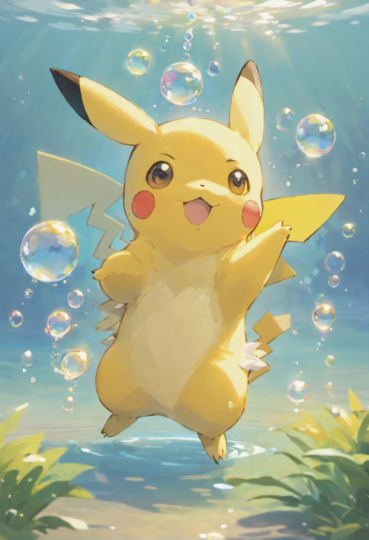 A touching scene in ultra-high definition 3D showcasing Pikachu making a wish beside a tranquil lake. Pikachu, beautifully rendered in detail, is seen gently blowing bubbles into the air, each one carrying a hopeful wish. The bubbles catch the reflection of the setting sun, creating a dreamy, magical effect. The overall atmosphere is tender, filled with hope and serenity