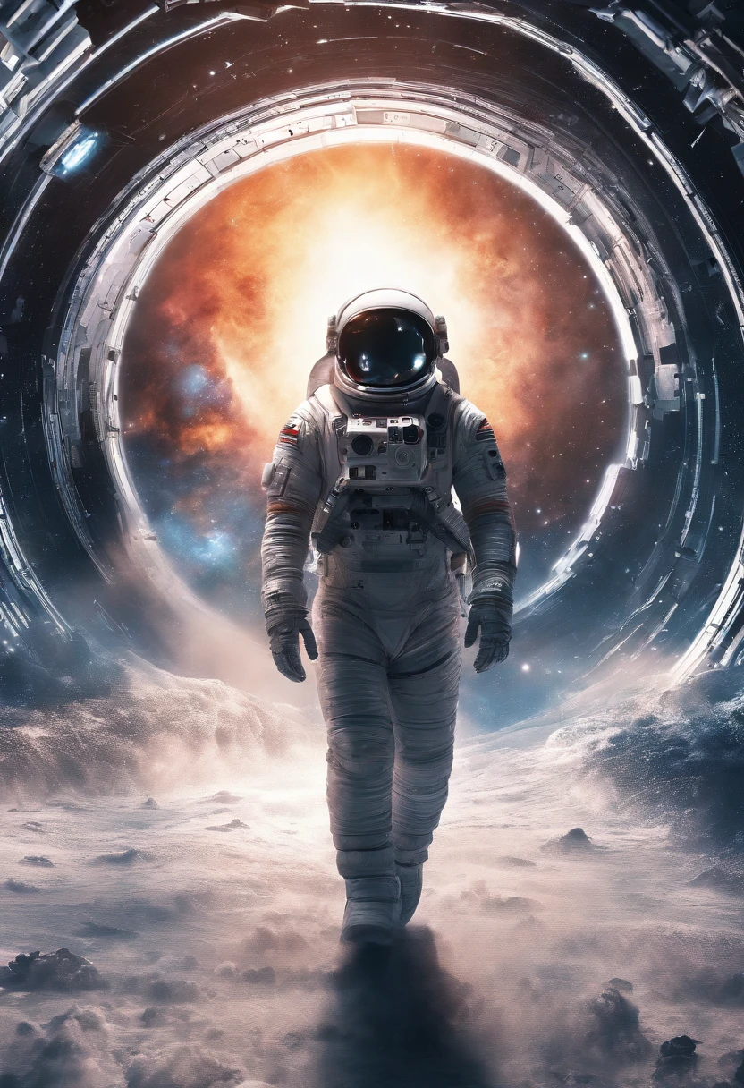 In Interstellar, an astronaut travels through a black hole in an interstellar universe，((Masterpiece))，(Best quality))，Magnificent space image scene