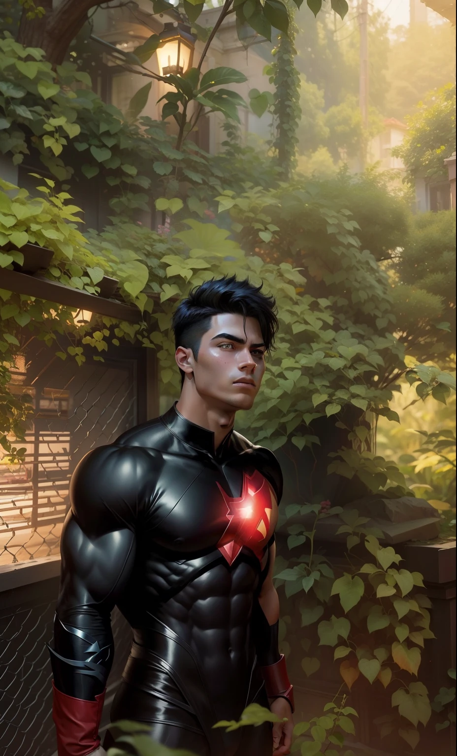 make the boy superhero, with his real face, muscular body ,handsome,black costume