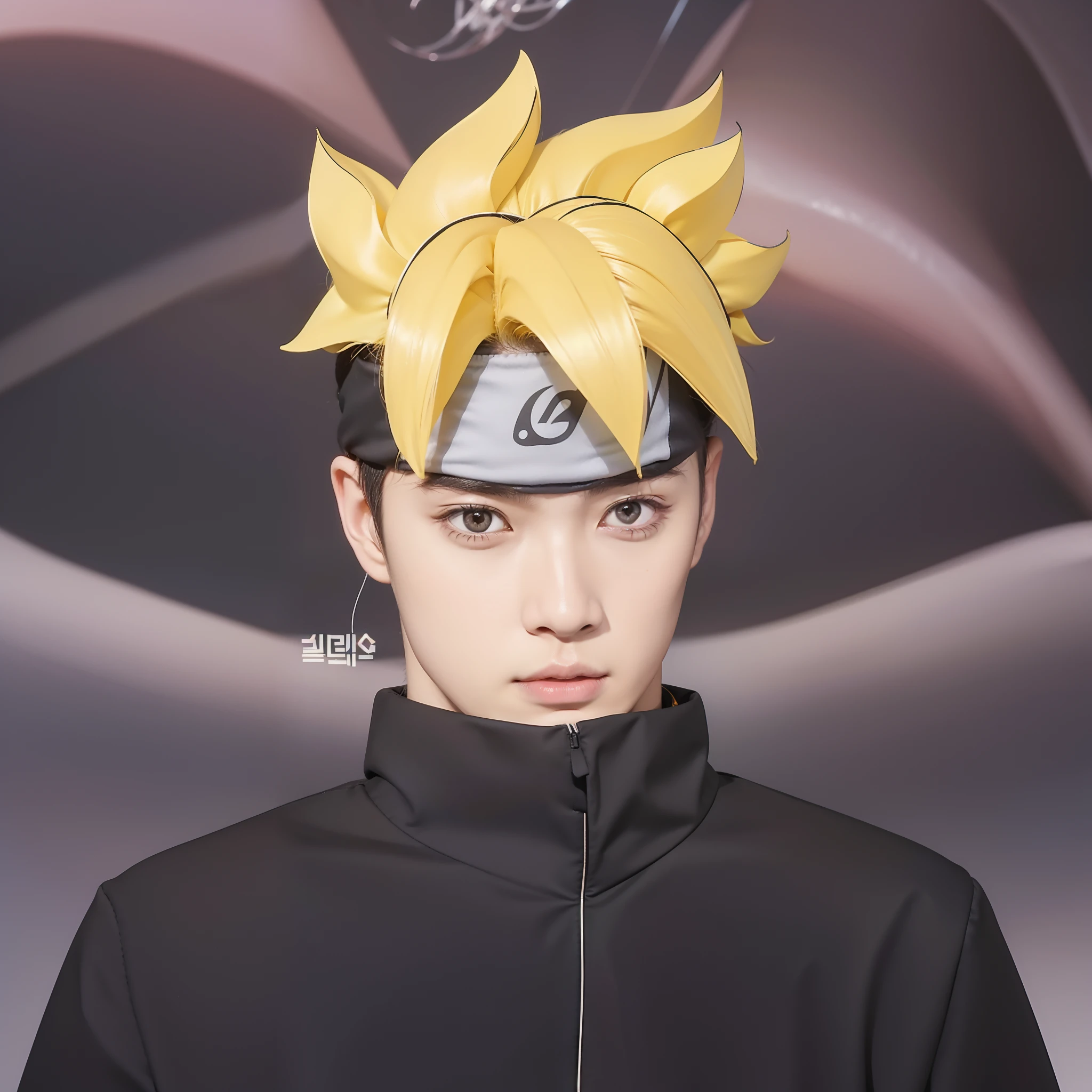 Real life adaption of this character , Korean handsome man ,realistic yellow messy hairstyle,realistic same outfit,hyper realistic,realism,realistic light,realistic shadow(photorealistic:1.2),plate headband