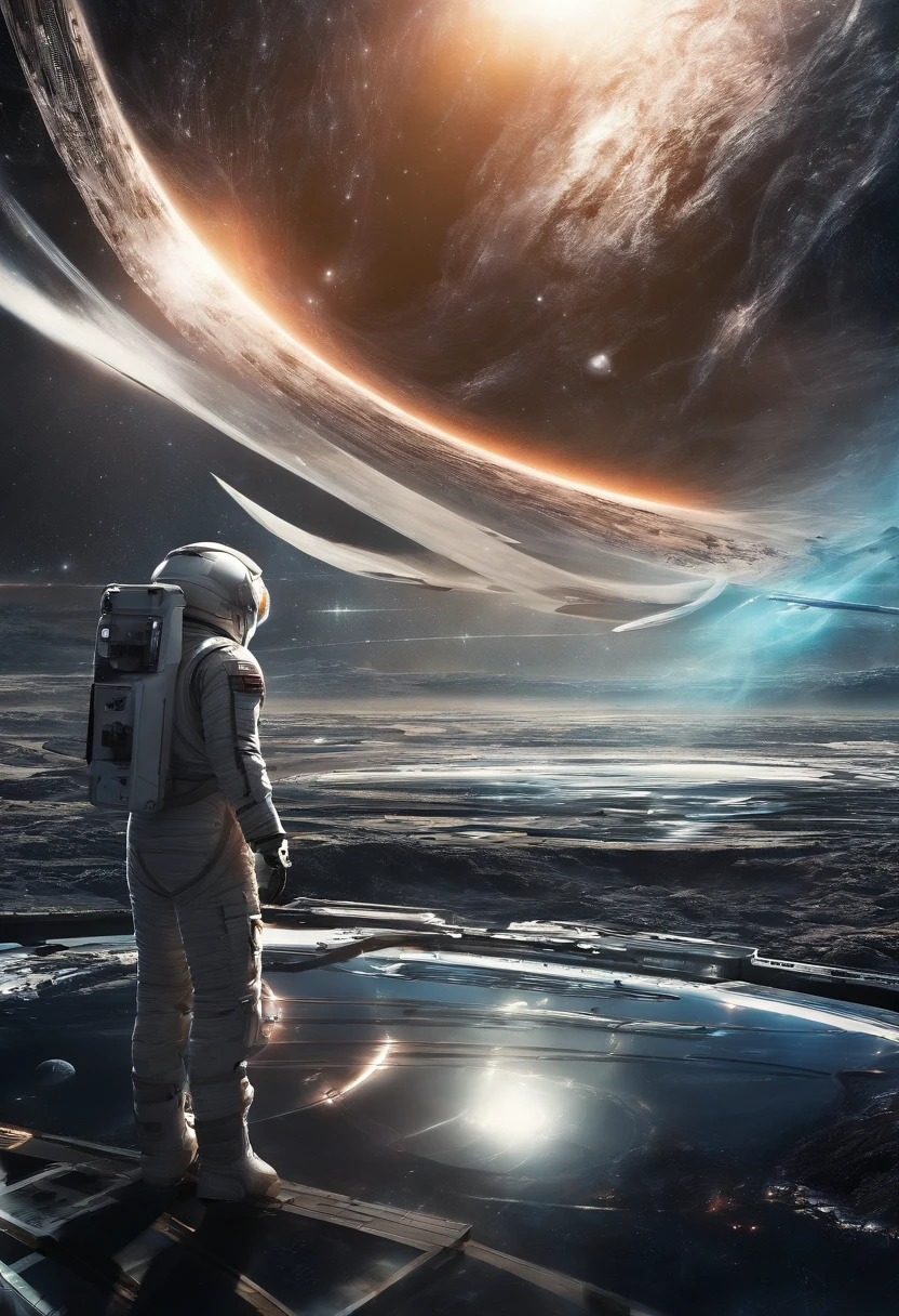 In Interstellar, an astronaut travels through a black hole in an interstellar universe,((Masterpiece)),(Best quality)),Magnificent space image scene