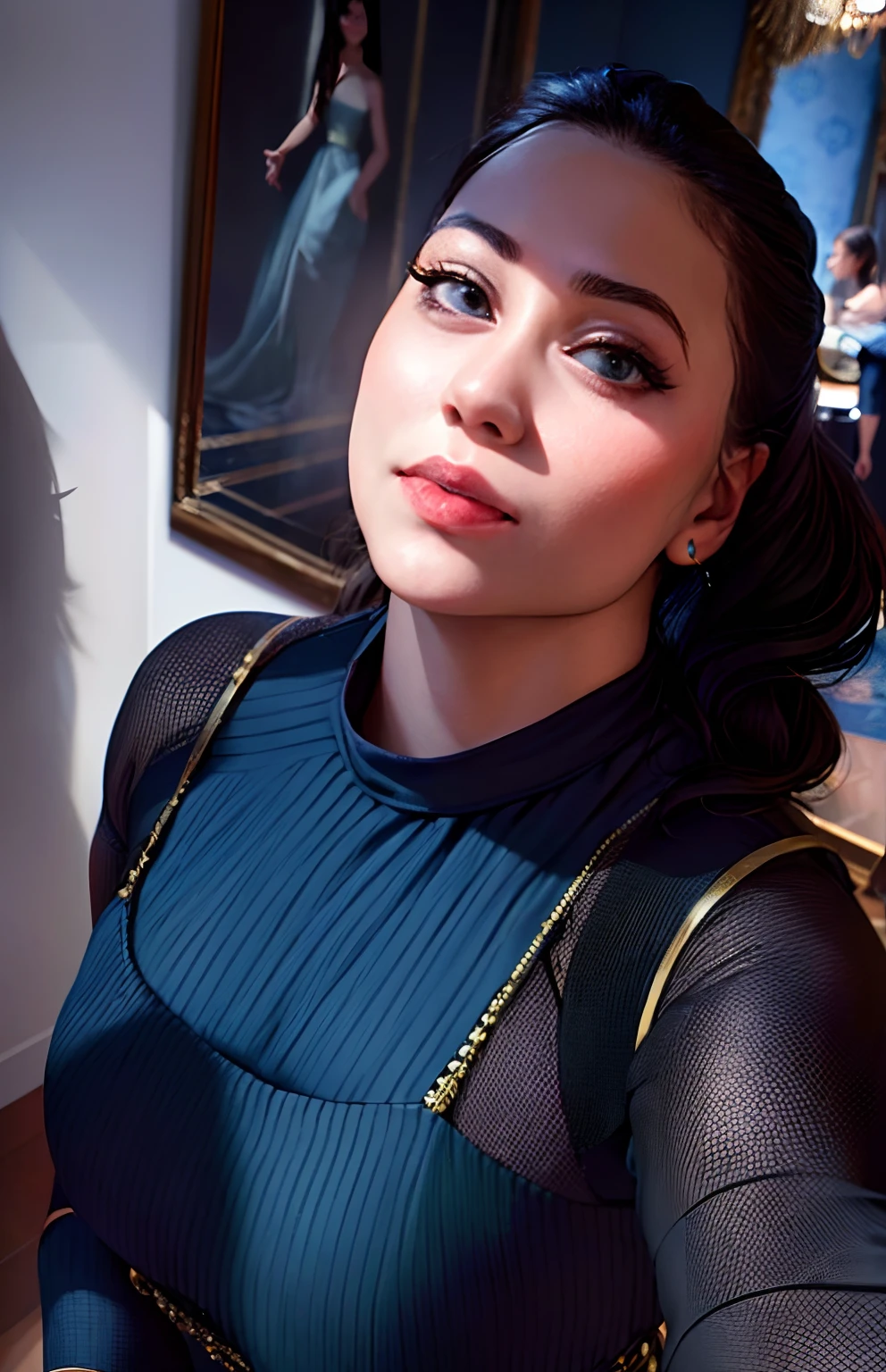 there is a woman that is posing for a picture in front of a painting, profile pic, 8k selfie photograph, 3 0 years old woman, 30 years old woman, profile image, wearing a designer top, she is facing the camera, selfie of a young woman, taken in the early 2020s, portait photo profile picture, candid photo