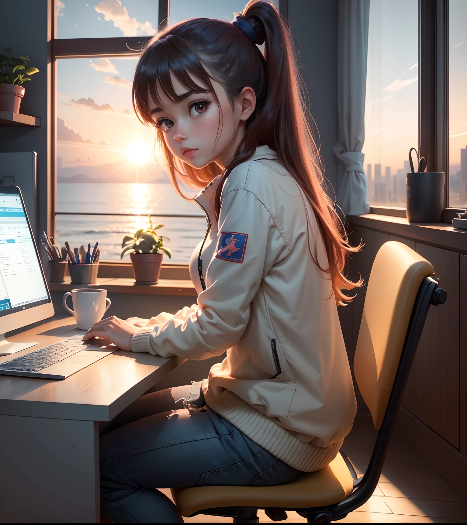 Depressed Woman, Sadly,50 generations, Hair collection, bangss, A dark-haired,Color Chip, sea side, Brown-eyed, jaket, long-sleeve, Look at viewers, use a laptop、fashionable cafe