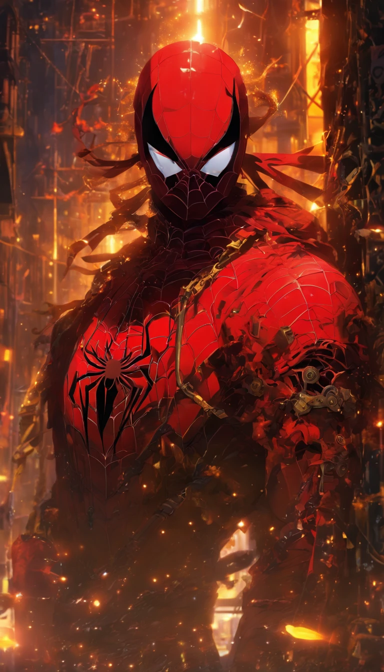 Spiderweb-like broken mirror，Dark_fantasy,Cyberpunk,(chainsaw,chainsawman,Red:1.1),1人,Mechanical Wonder,Robotic presence,cybernetic guardians, wearing a worn-out mech suit, Intricate, (Steel metal [Rusty]), elegant, Clear focus, Photographed by：Greg Rutkowski, Soft lighting, Vibrant colors, Masterpiece, ((street)), Cowboy shot, Dynamic pose,