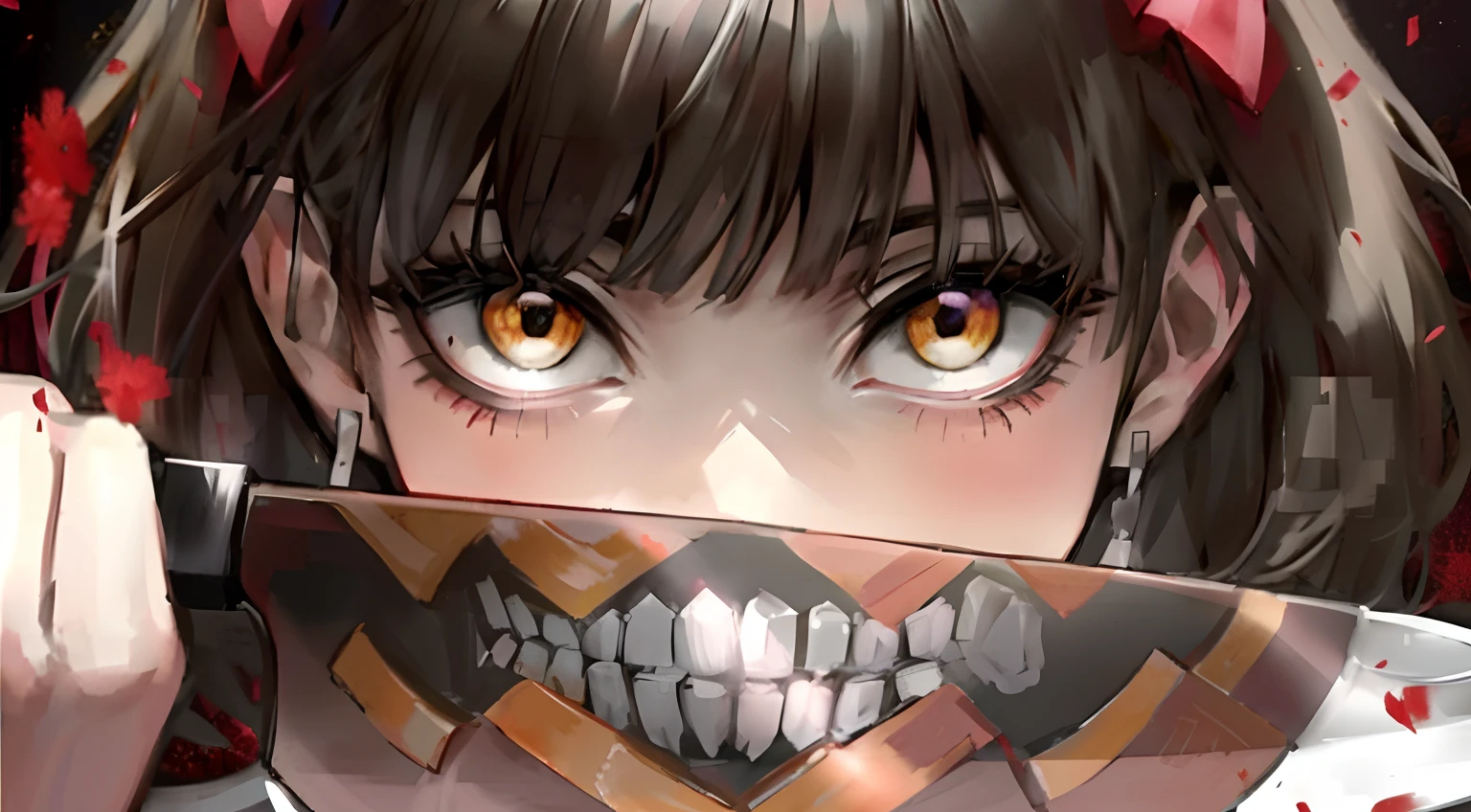 Anime girl with a knife in her hand and blood on the floor, night core, retrato impressionante do rosto do anime, anime skull portrait woman, Rosto de anime detalhado, Kawacy, Olhos enormes de anime, Akane Owari Danganronpa, cara de anime raivoso altamente detalhado, sorriso maligno e olhos brilhantes, Pupilas de anime negras em seus olhos, cara bonita do anime, grandes olhos de anime