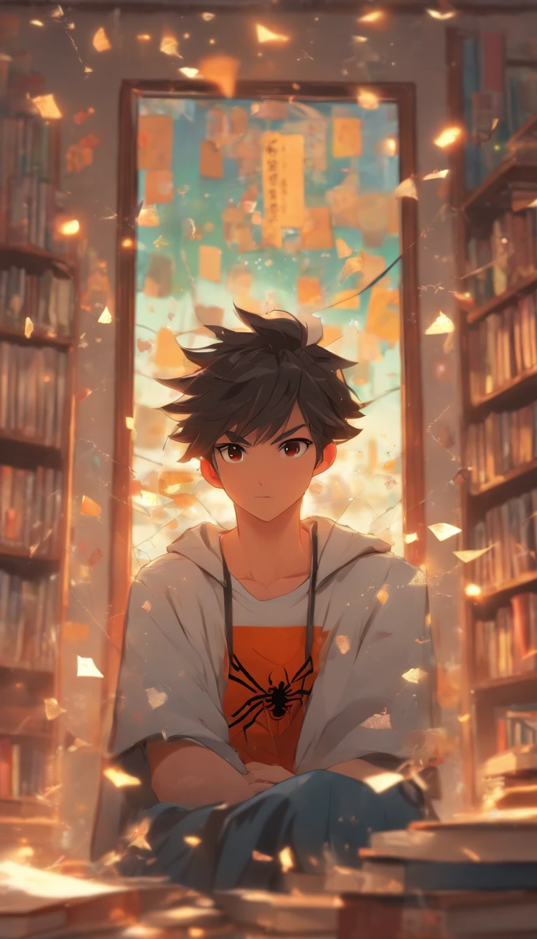 Spiderweb-like broken mirror,A man sits in a classroom, Boy, Male classmates, In campus classrooms, The male classmate was wearing a white T-shirt, Short black hair, Pen in hand, There are exam papers, There are books, The lens is mainly shown on the upper body, Loepfe Art Style ((Xinhai City), Popular in CGSTATION, Xinhaicheng H 2160, Inspired by Bian Shoumin, Xinhai City, Kawasi, Guwitz style, high-quality picture, 4K, 8K, Resolution,