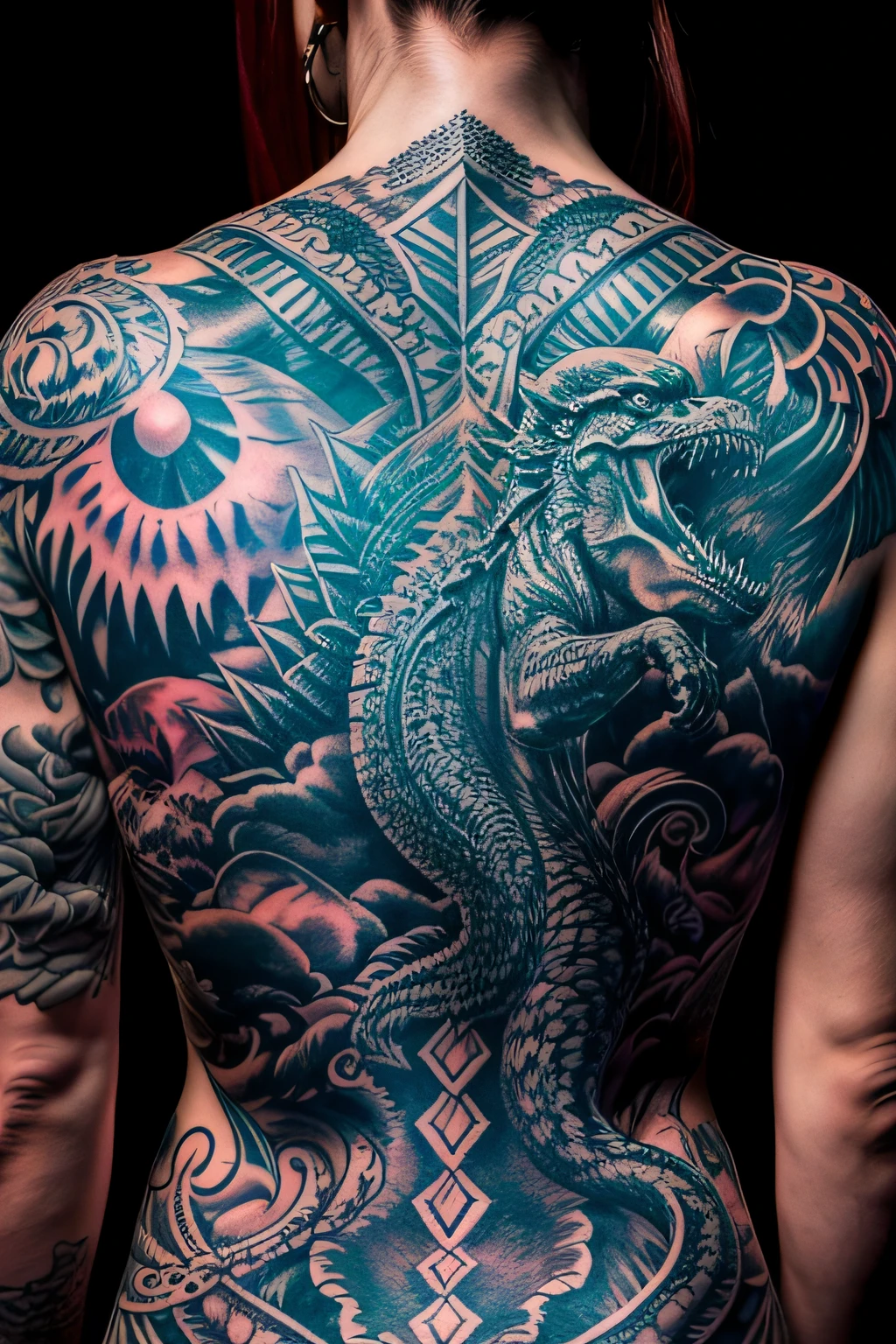 photo of detailed intricate (back tattoo) of godzilla face close, woman's back, flash photography, dark nightclub, high saturation