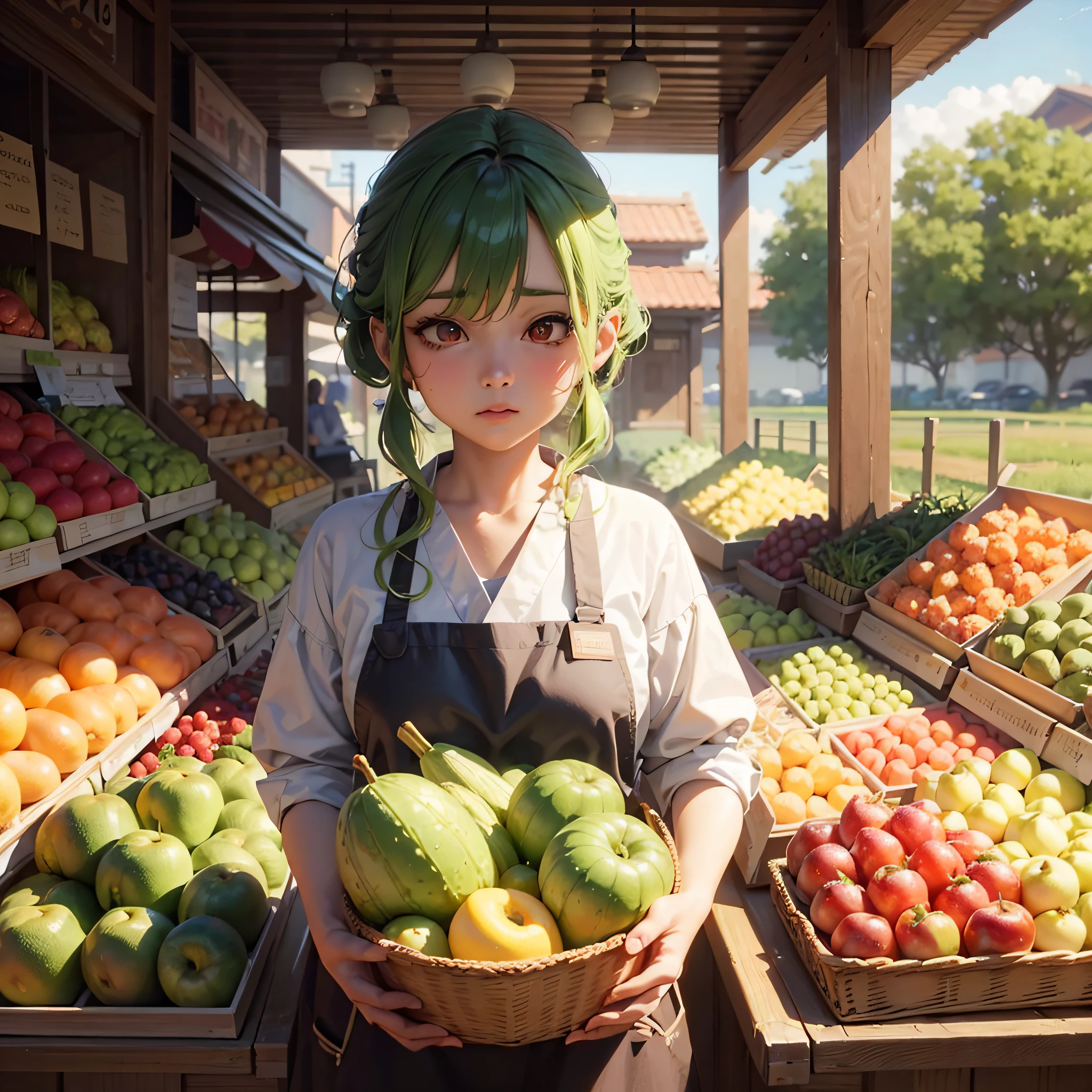 there is a woman holding a basket of fruit in front of a fruit stand, realistic anime 3 d style, anime realism style, realistic anime artstyle, anime style. 8k, realistic anime art style, artwork in the style of guweiz, 3 d anime realistic, loli, anime realism, made with anime painter studio, realistic anime style at pixiv
