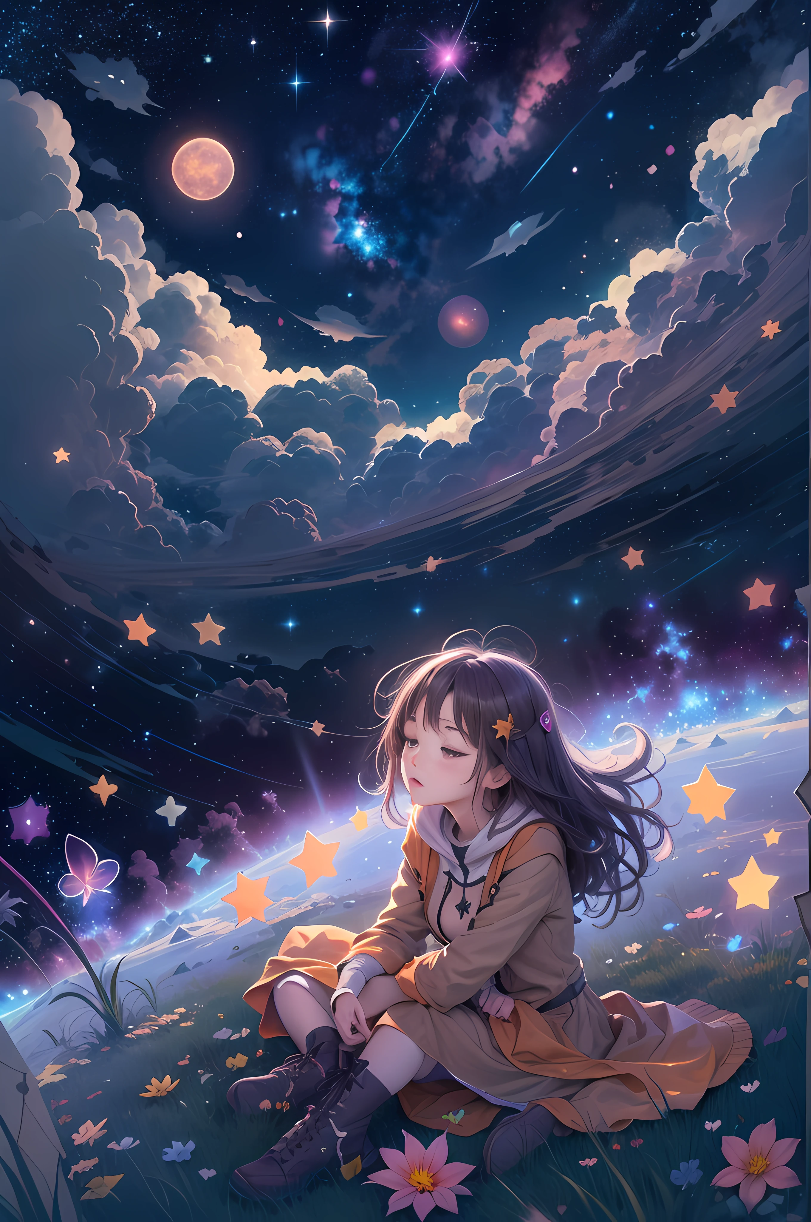 Describe a scene where a cute girl character is lying on a grassy hill, Looking up at the starry sky. Surround her with colorful nebulae and her favorite constellations.