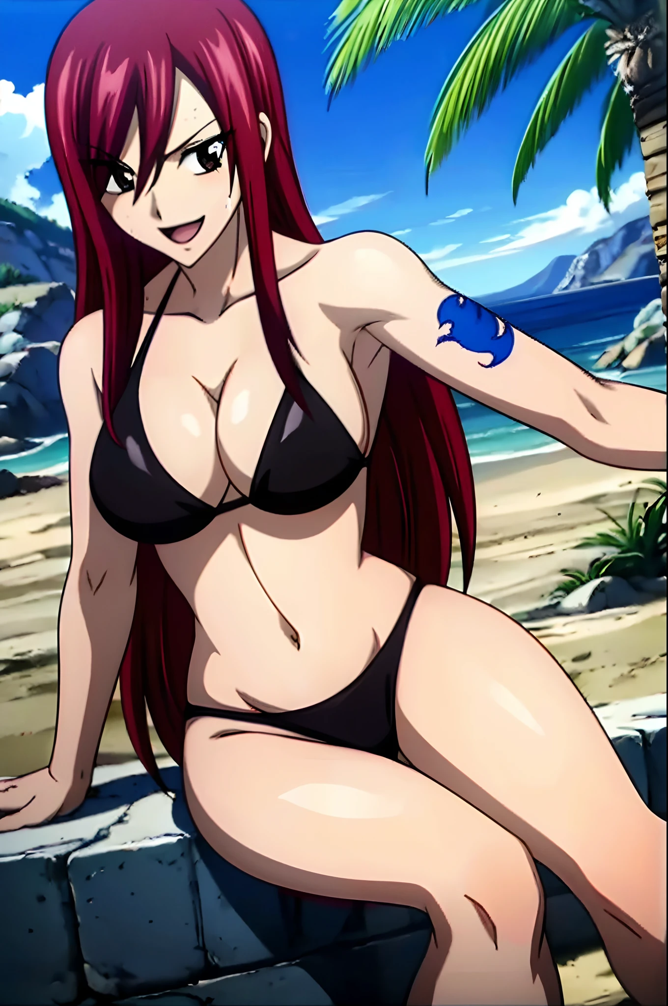 Scarlet erza, black bikini, adult woman, big breasts, sitting, cowboy shot, best quality, (clean body), fair skin, (tattoo on left shoulder only), beach, stomach, upper body only, navel, smile, open mouth, biceps lines