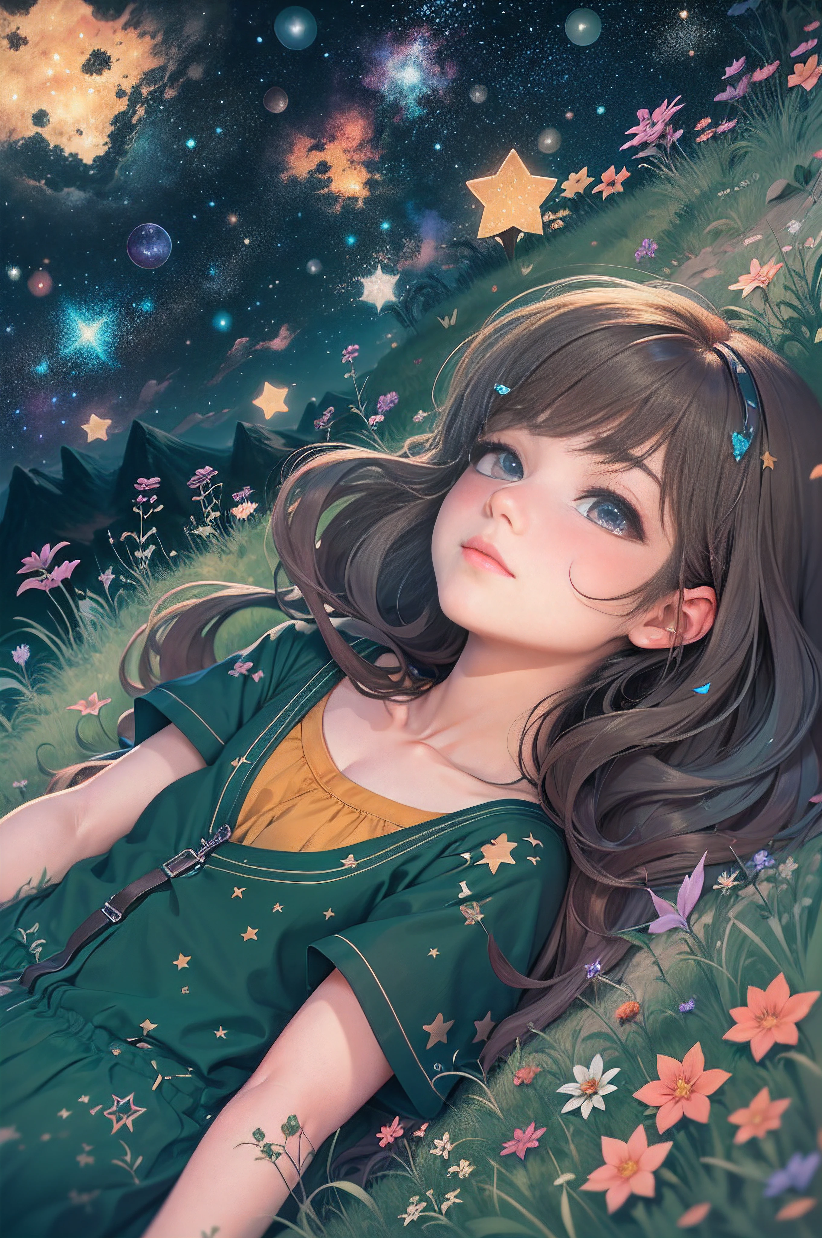 Describe a scene where a cute girl character is lying on a grassy hill, Looking up at the starry sky. Surround her with colorful nebulae and her favorite constellations.